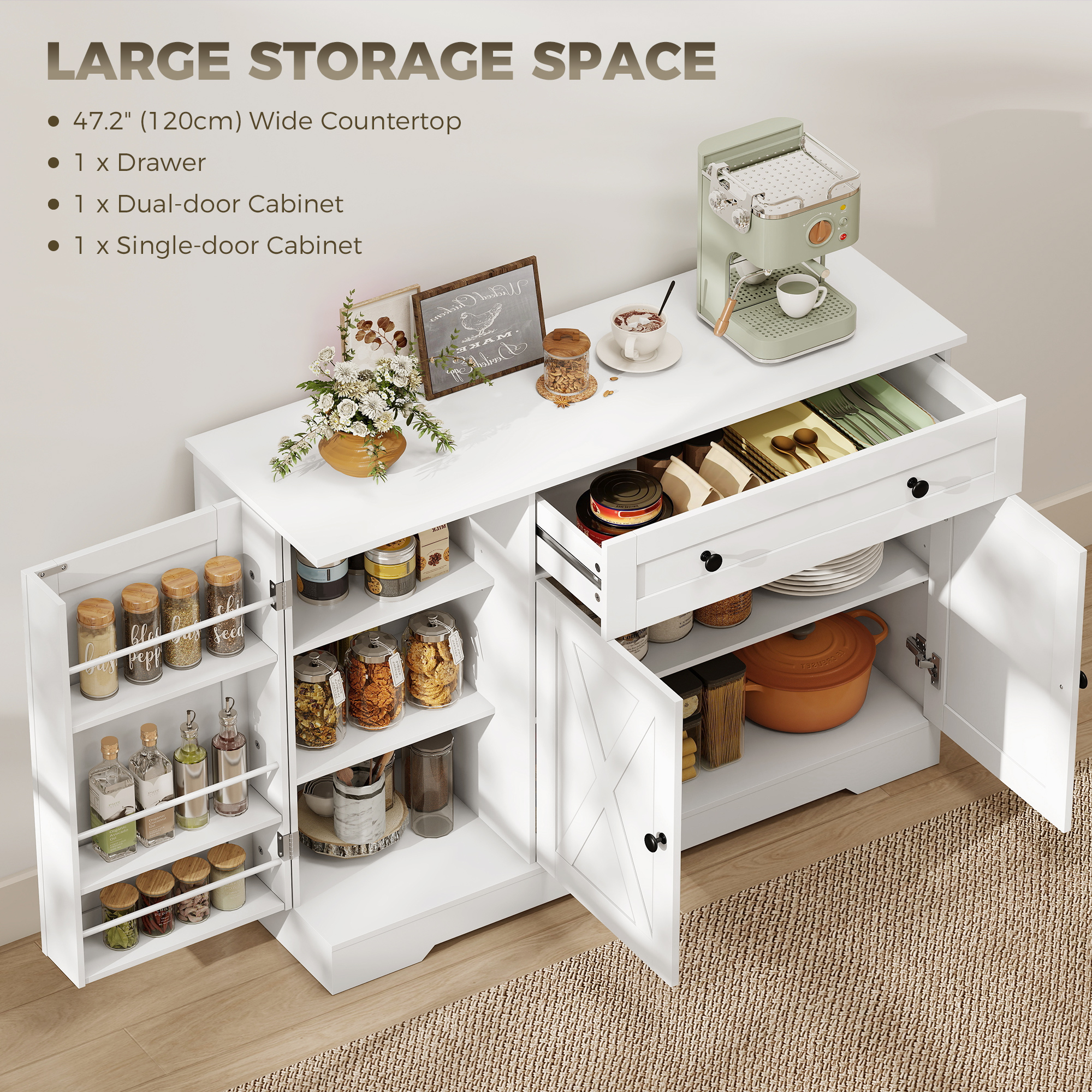 Sideboard Buffet Cabinet, Farmhouse Coffee Bar Cabinet with Door Shelves, Adjustable Shelves, Drawer, Barn Doors, White - Image 2