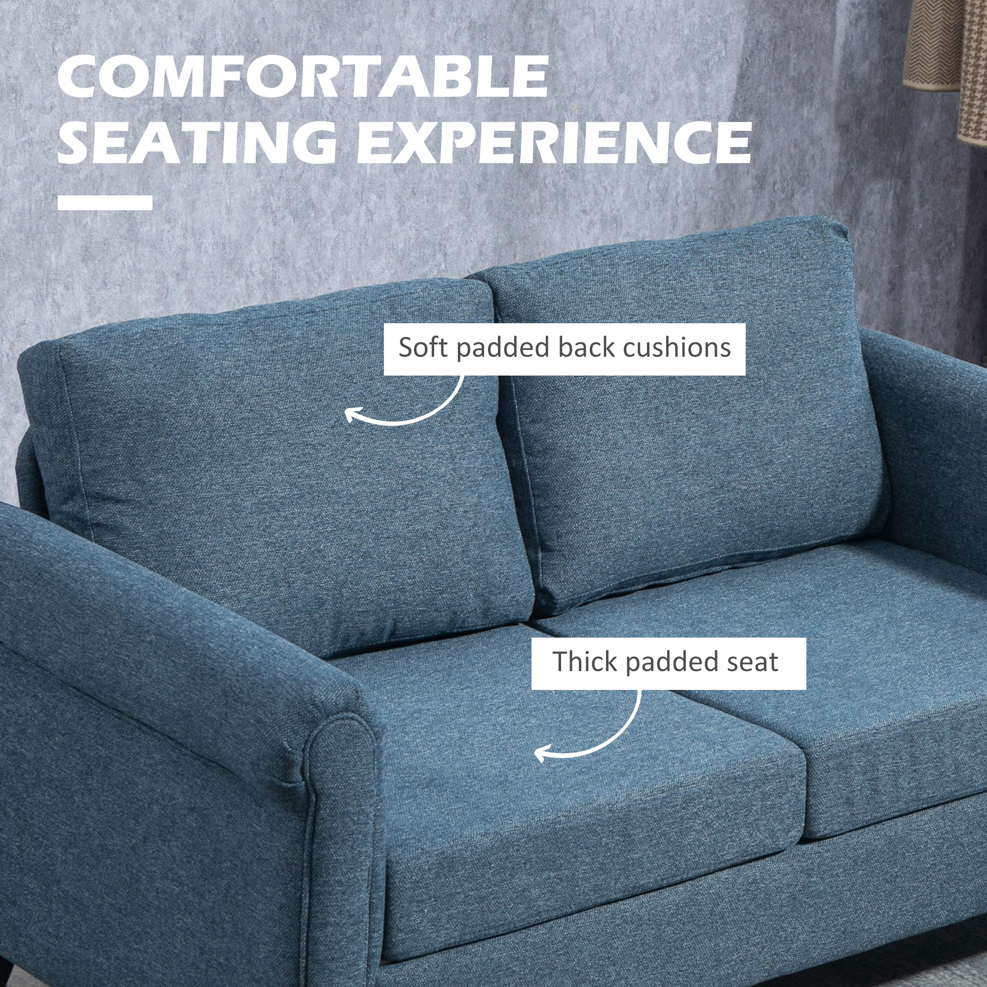 Vintage Loveseat, Upholstered Love Seat Furniture, Fabric 2 Seater Sofa with Rolled Arms, Rubber Wood Legs, Dark Blue - Image 2