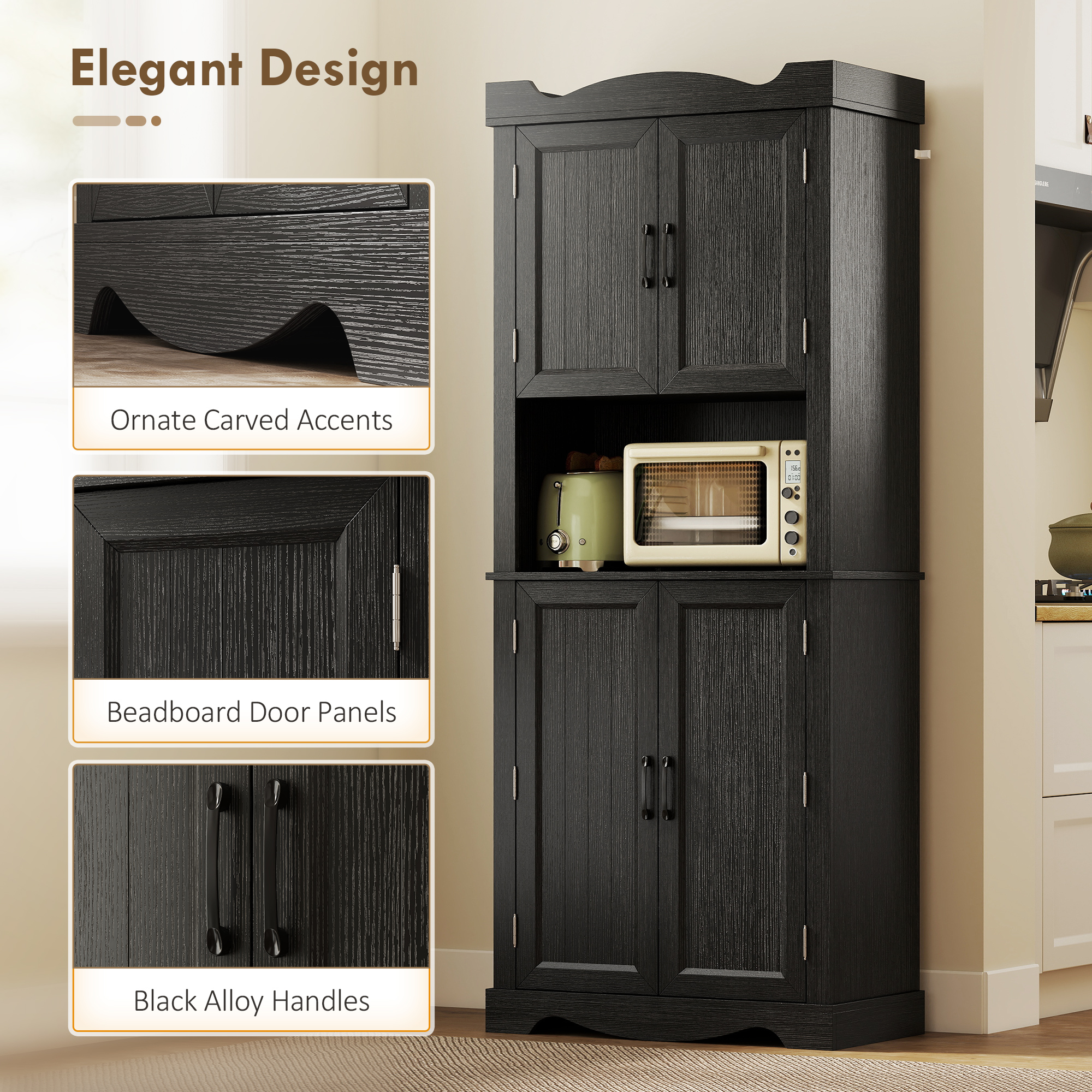 73" Kitchen Pantry Cabinet, Freestanding Kitchen Hutch with 12 Door Shelves, Adjustable Shelves, Microwave Stand, Black - Image 5