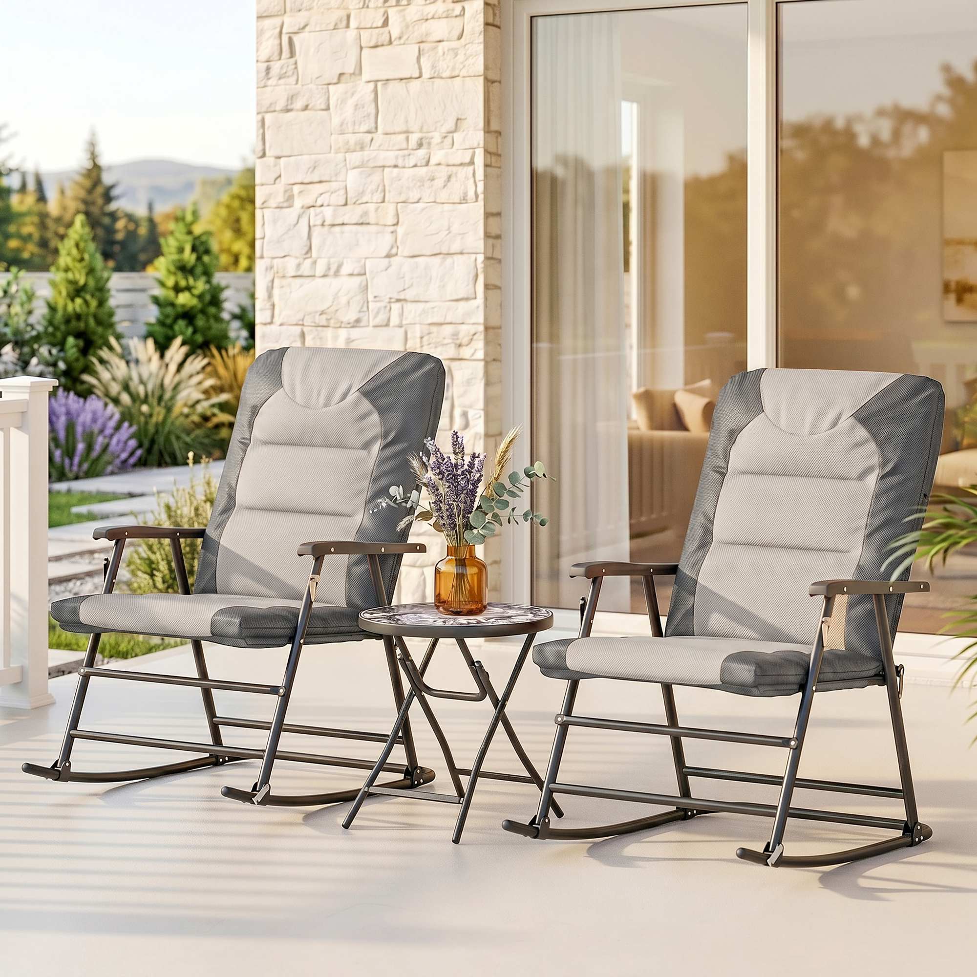 3-Piece Outdoor Foldable Rocking Chair Set, Light Grey - Image 6