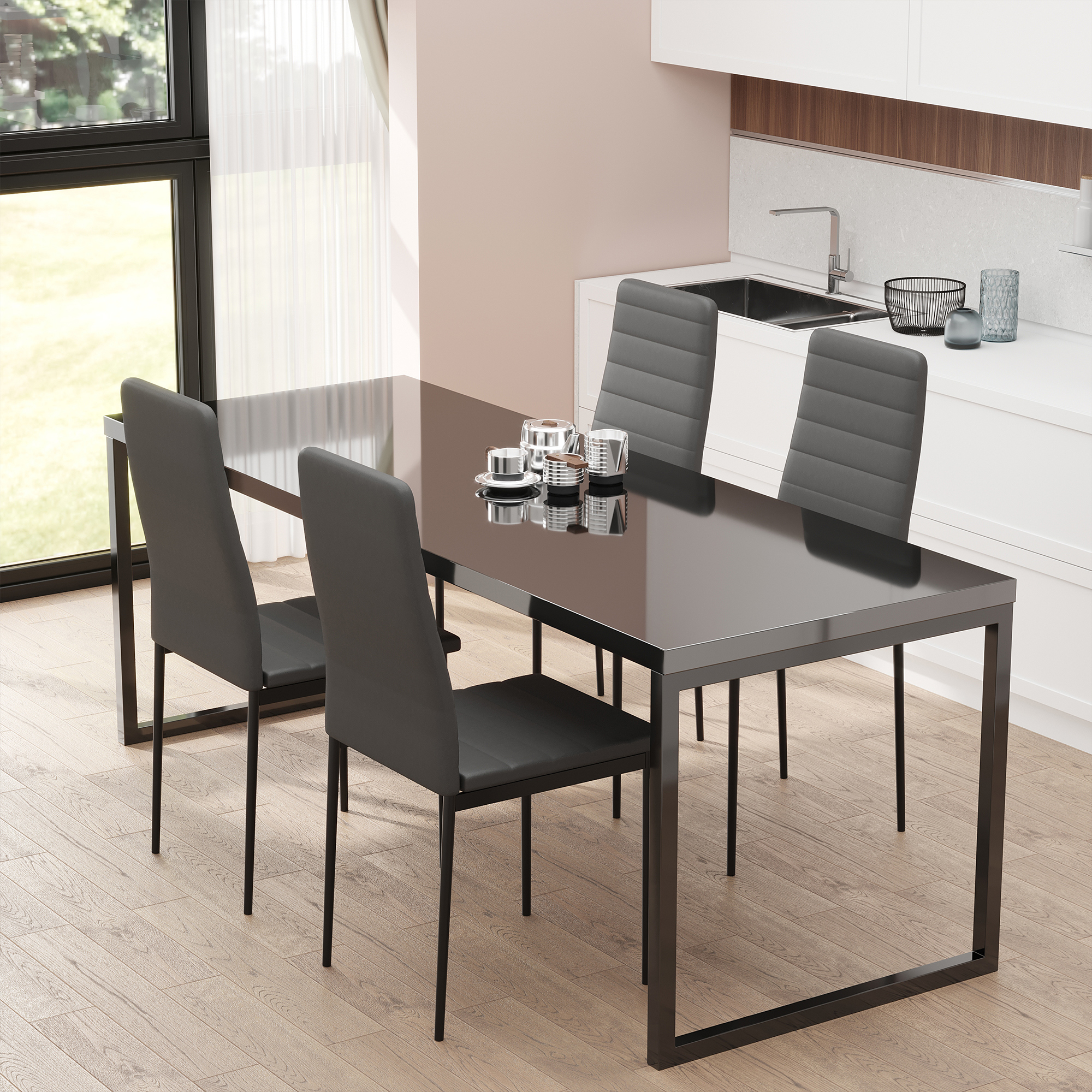 Modern Dining Chairs High Back Upholstered Linen Fabric with Metal Legs for Kitchen Black - Image 6