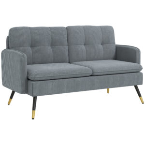55" Loveseat Sofa, Corduroy Love Seat w/ S spring, Steel Legs and Button Tufting, Small Couch for Living Room, Dark Grey