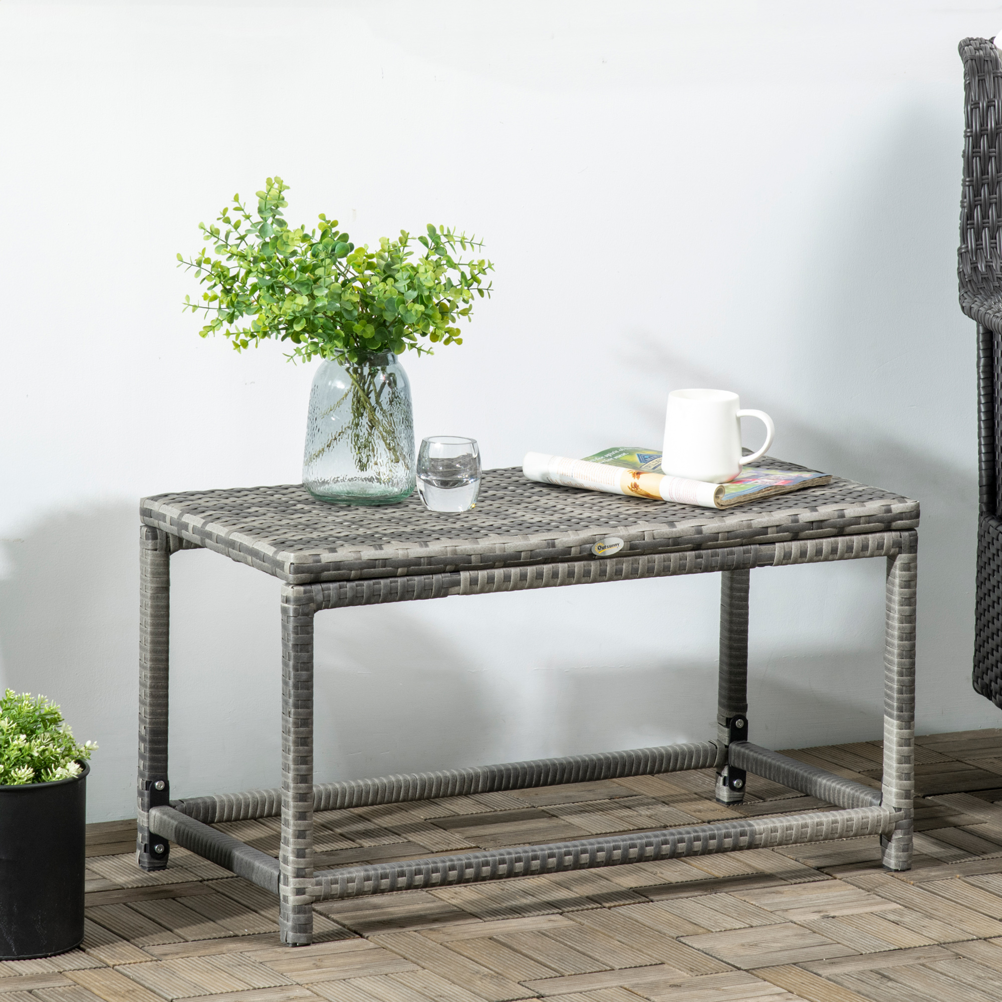 Patio Rattan End Table, Outdoor Side Table with Full Woven Table Top for Garden, Balcony, Mixed Grey - Image 6
