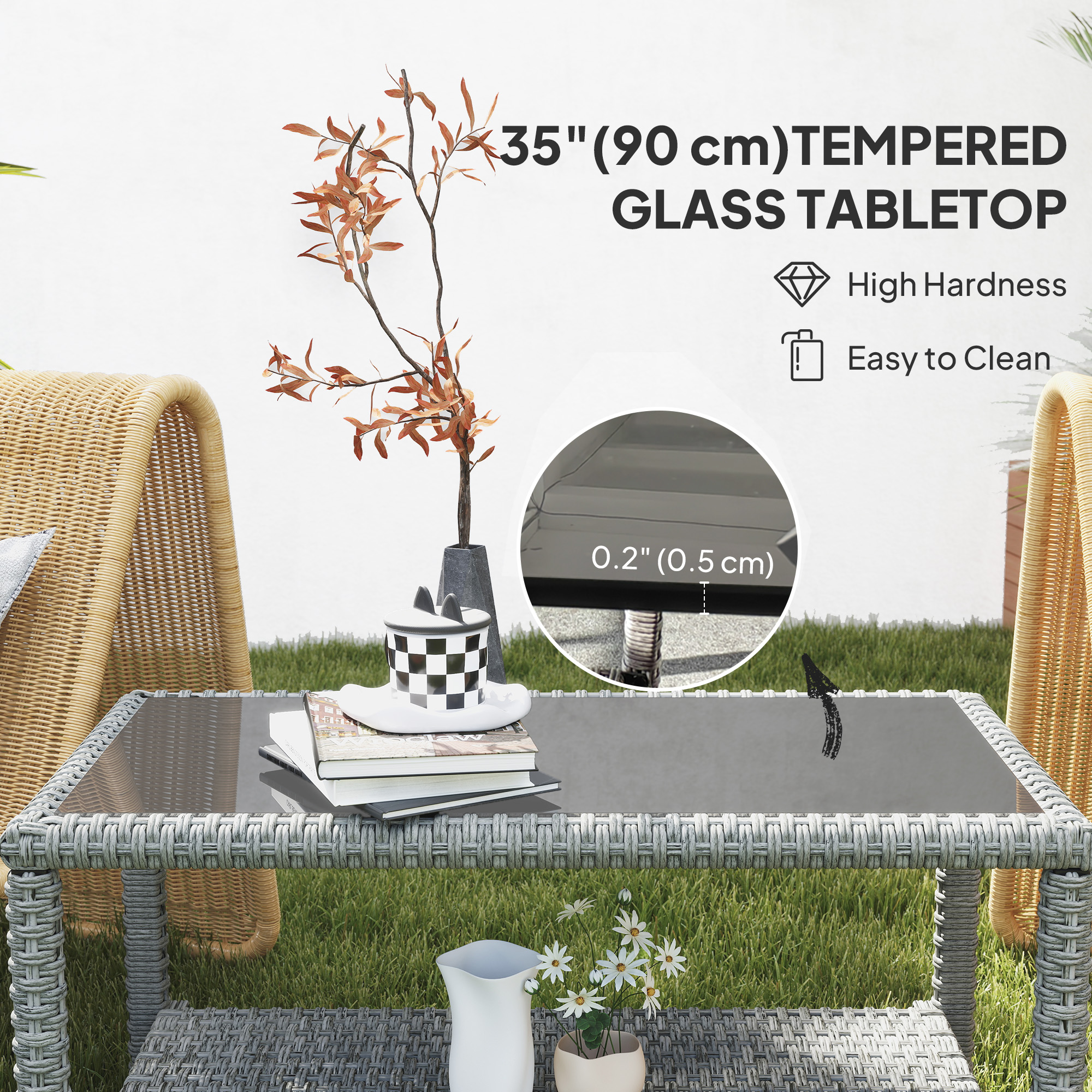 35" Outdoor Wicker Coffee Table with Glass Top, Storage Shelf for Garden Porch Balcony Deck, Dark Grey - Image 2
