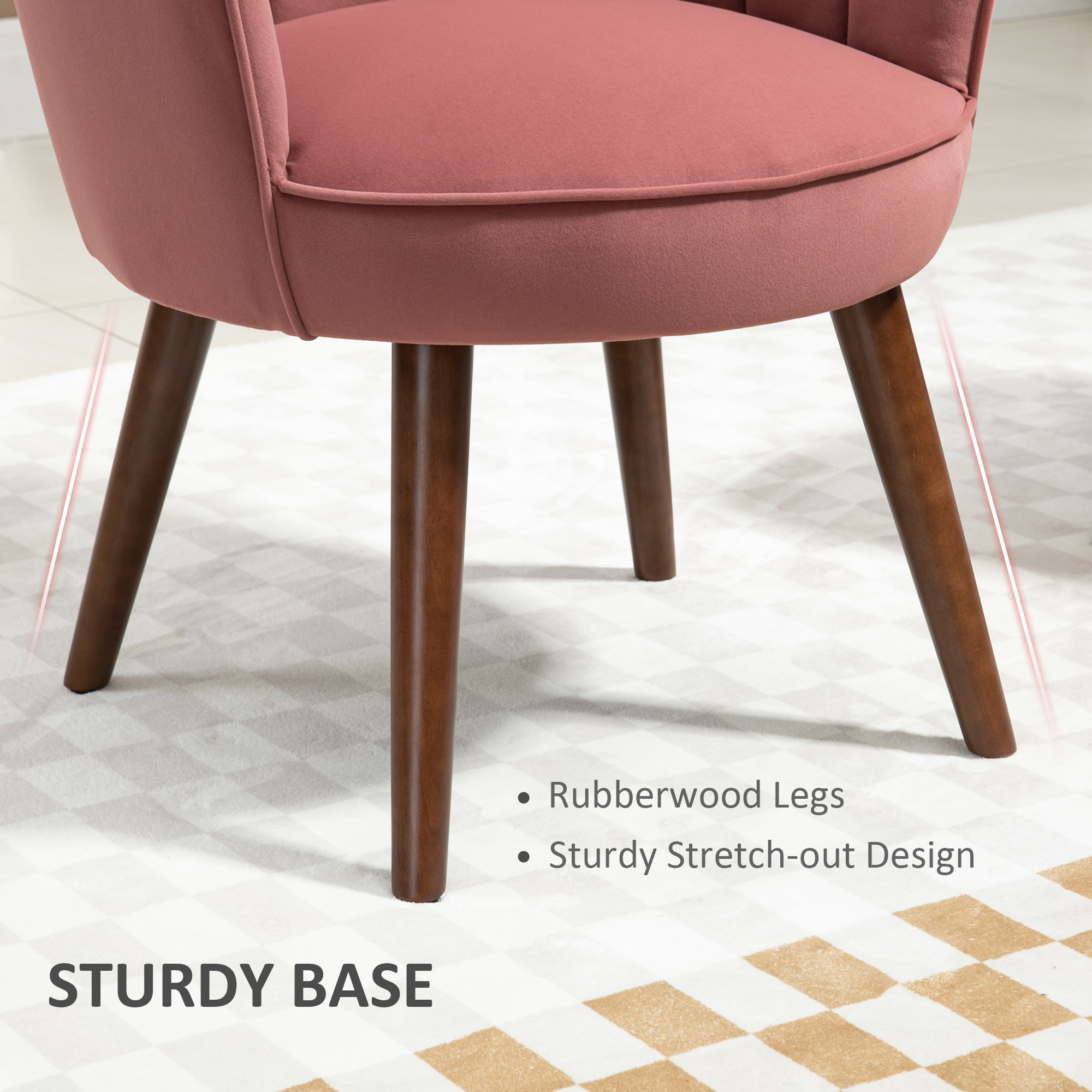 Modern Vanity Chair, Velvet-feel Fabric Leisure Accent Chair with Wood Legs for Living Room, Pink - Image 4