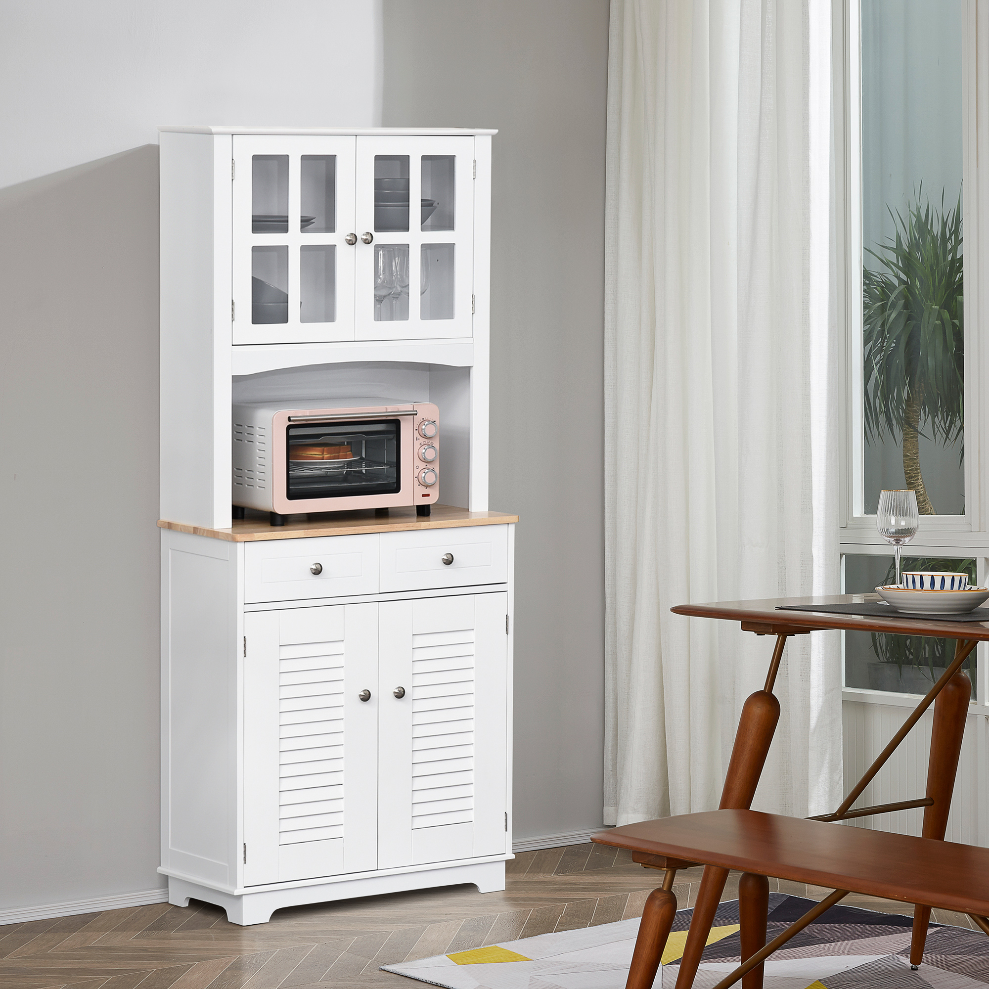 Coastal Style Kitchen Buffet and Hutch Wooden Storage Cupboard with Framed Glass Door LouveredCabinet Drawers Microwave Space for Dining Room Living Room White - Image 2