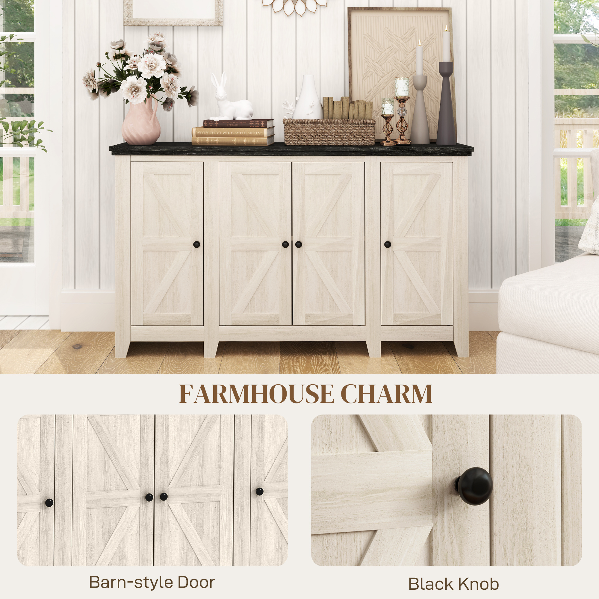 Rustic Sideboard, Buffet Cabinet with Adjustable Shelves for Living Room, Dining Room, Entryway, White Wood Grain - Image 4