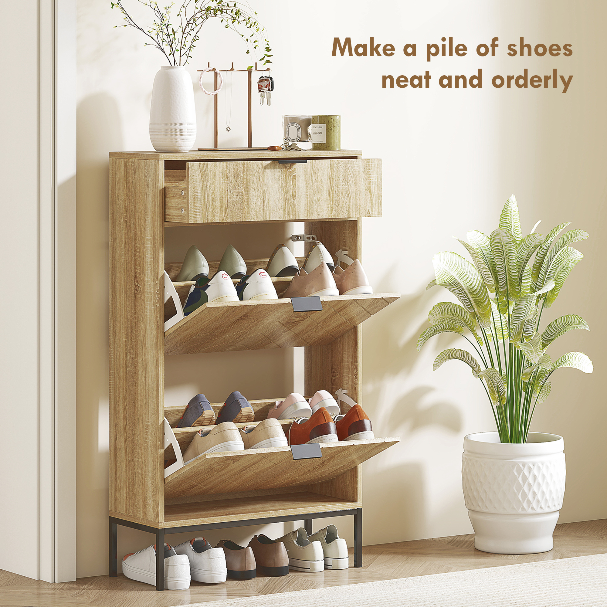 Narrow Shoe Storage Cabinet with Flip Drawers, Shoe Cabinet with Adjustable Shelves, Sliding Drawer, Holds 8 Pairs, Oak - Image 2