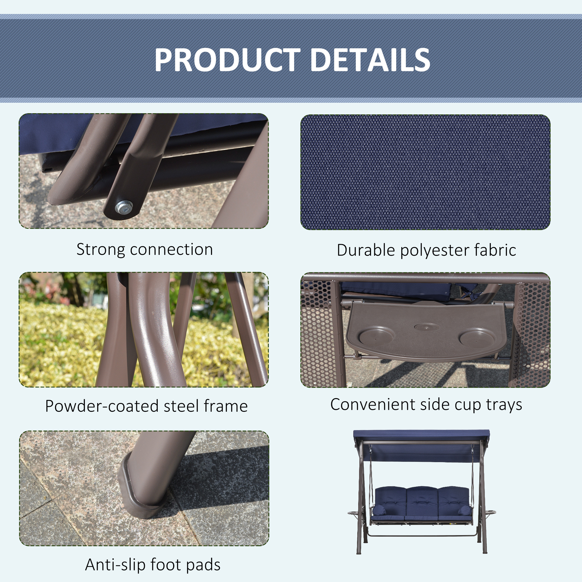Outdoor Patio 3-Person Steel Canopy Cushioned Seat Bench Swing with Included Side Trays & Padded Comfort, Dark Blue - Image 3