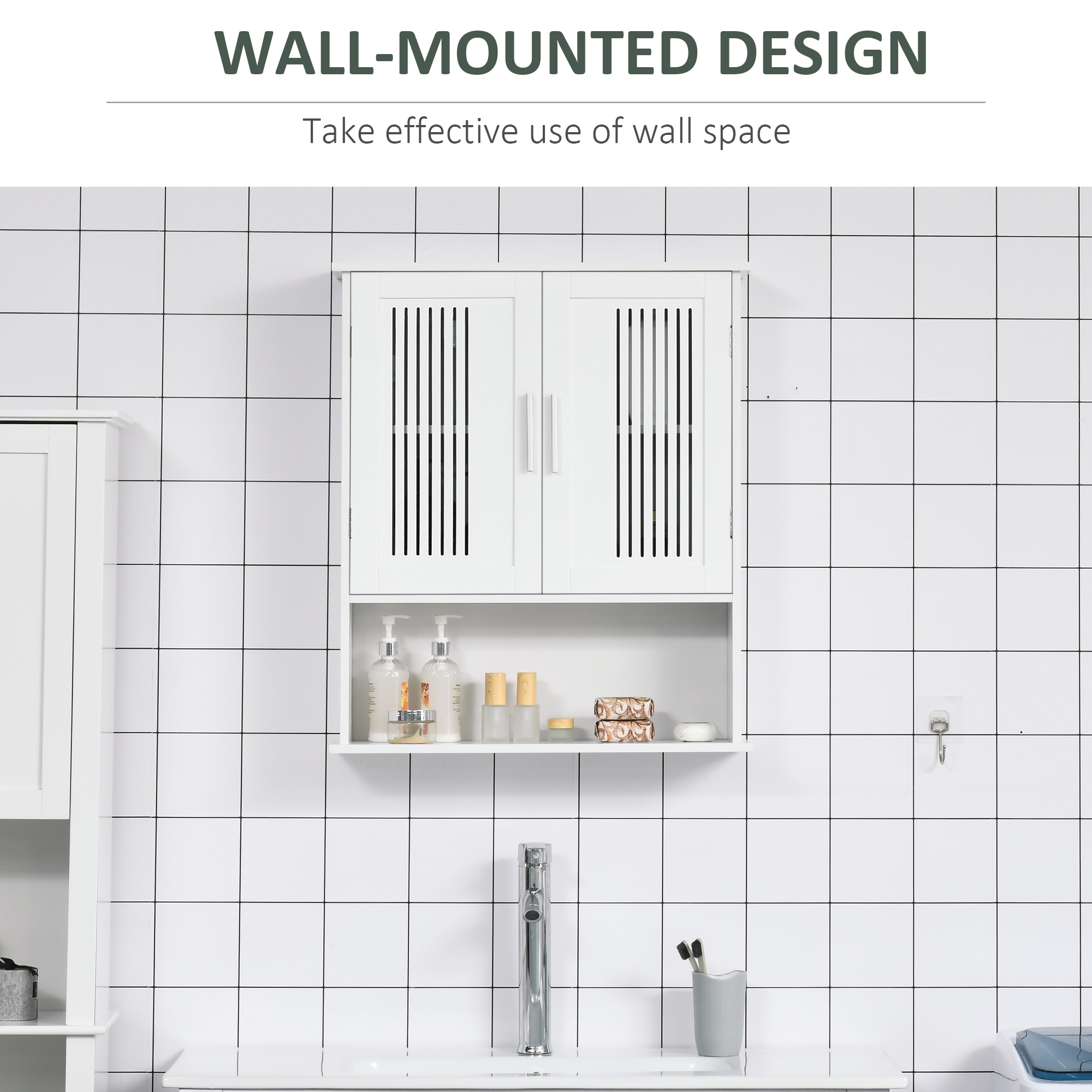 Modern Wall Mount Bathroom Cabinet, Storage Organizer with 2 Door Cabinet and Shelf, White - Image 2