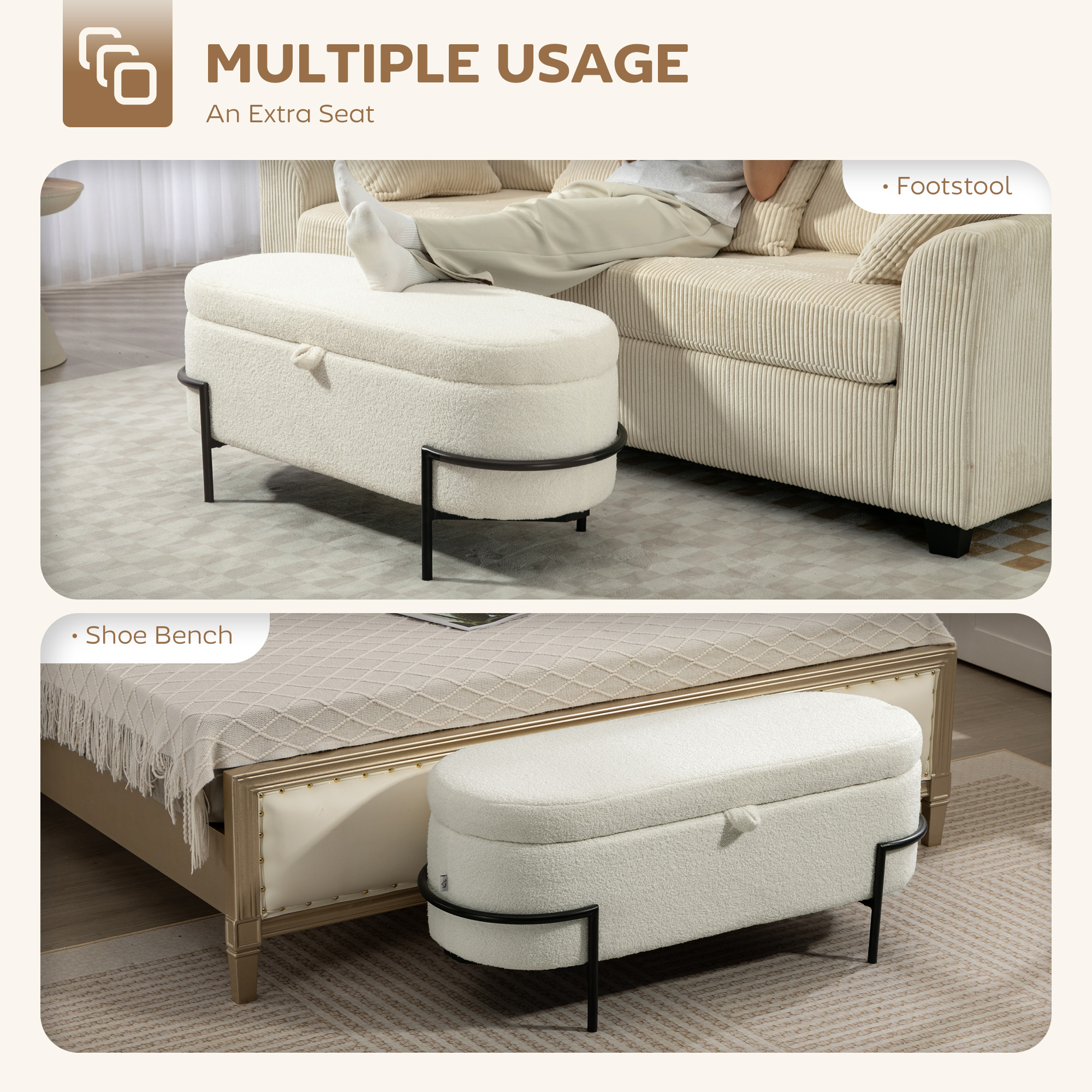Storage Ottoman with Lift-Up Lid and Steel Legs, 45 Inches Sherpa Fleece Storage Chest for Living Room, Cream White - Image 5