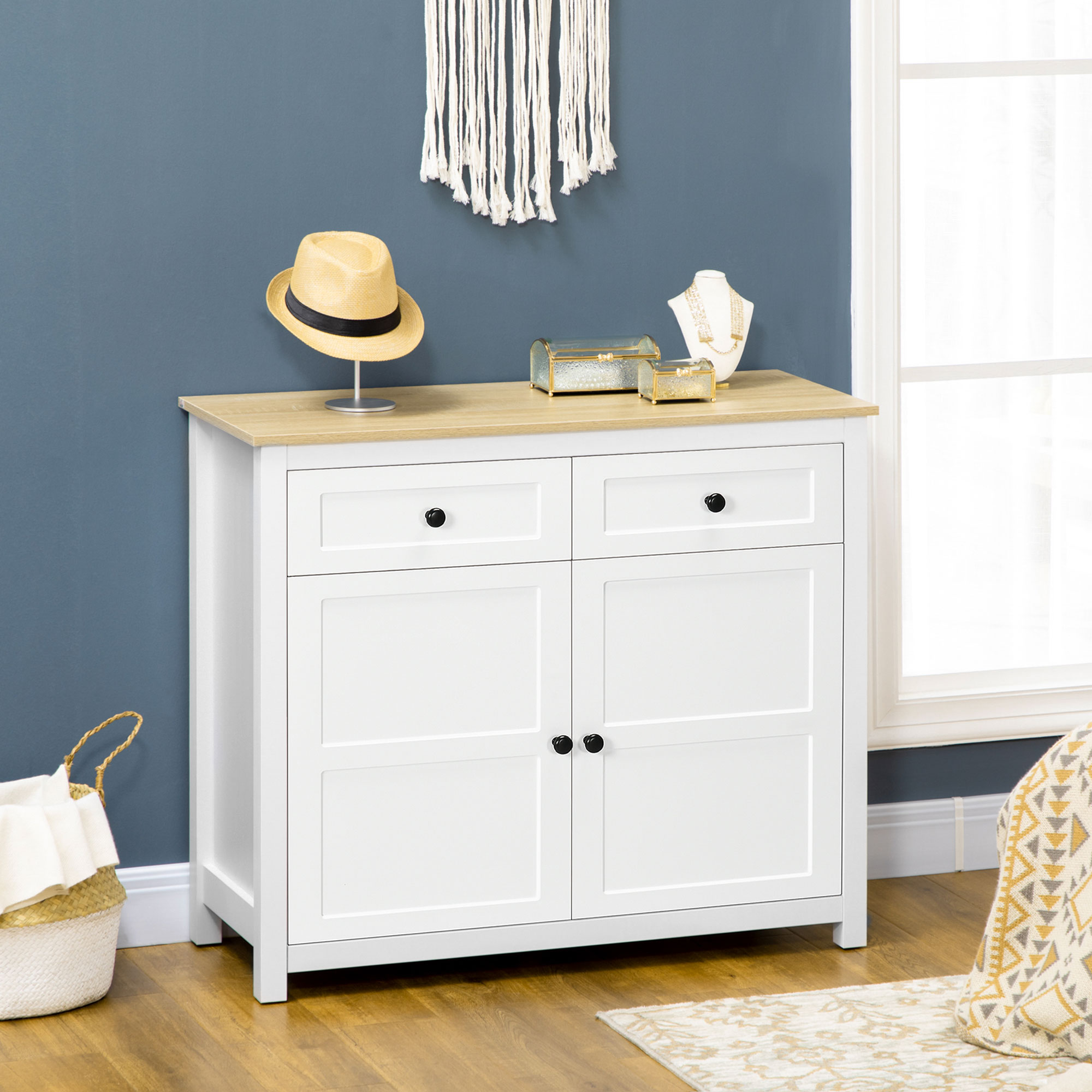 Sideboard, Modern Kitchen Storage Cabinet with Drawers and Adjustable Shelf, for Living Room and Entryway, White - Image 2
