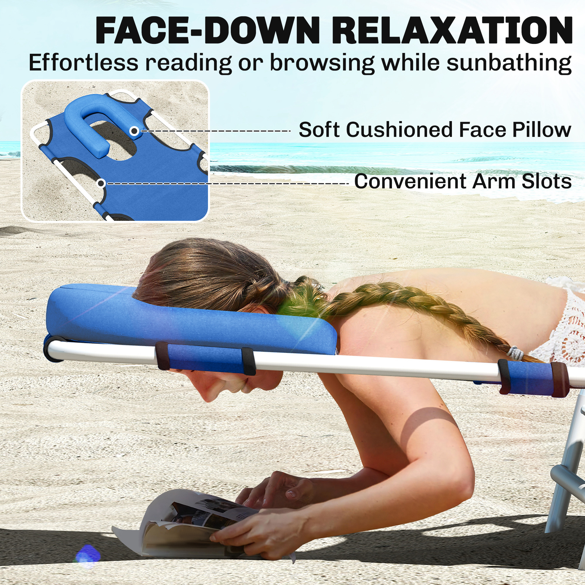 Folding Lounge Chair Outdoor, Tanning Chair with Face Hole Arm Slots, Beach Chaise Lounger with Pillow, 5-Position Adjustable Portable Sun Lounger Bed for Pool, Blue - Image 2