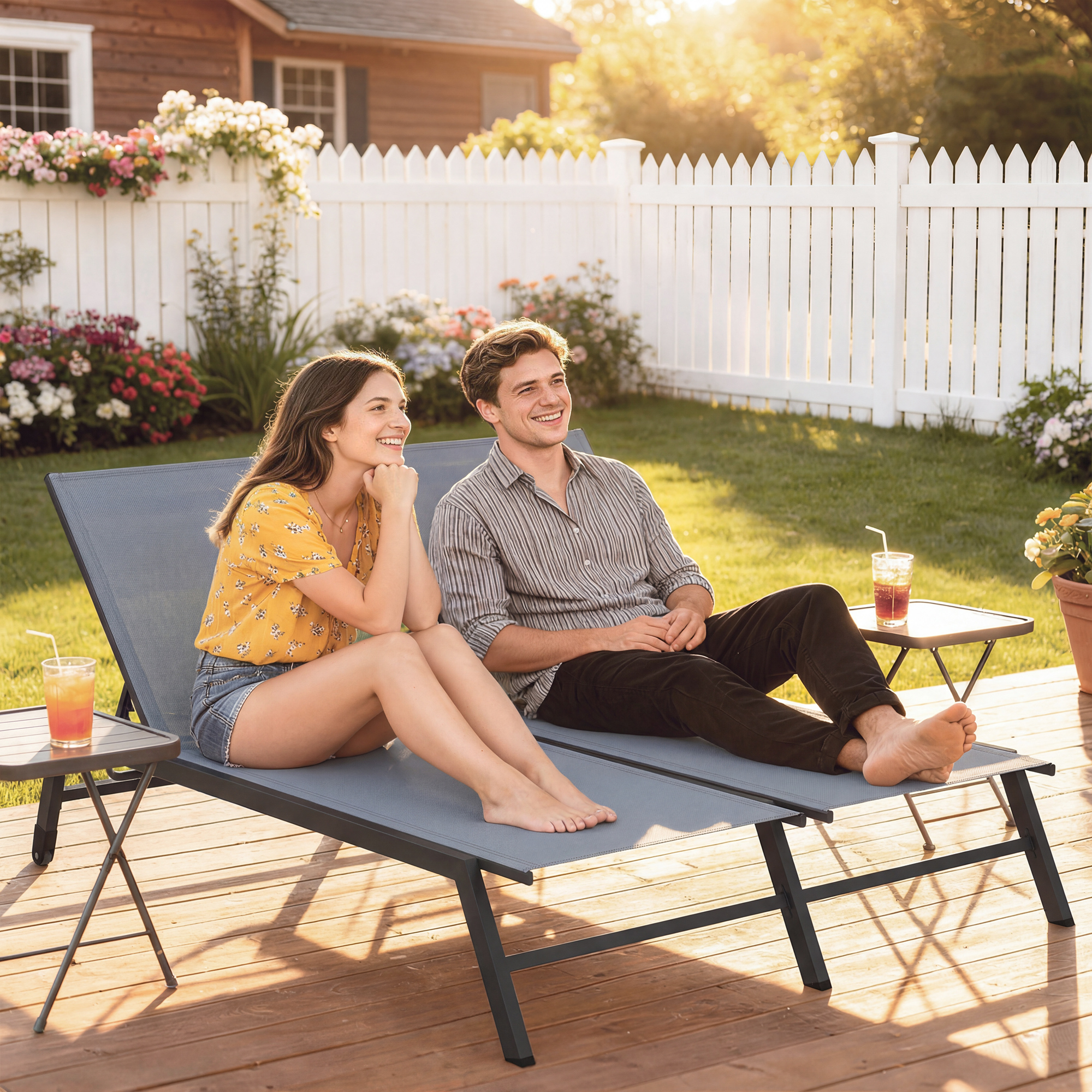 Chaise Lounge Chair for 2 Person, Outdoor Lounge Chair with 5-Position Adjustable and Wheels - Image 6
