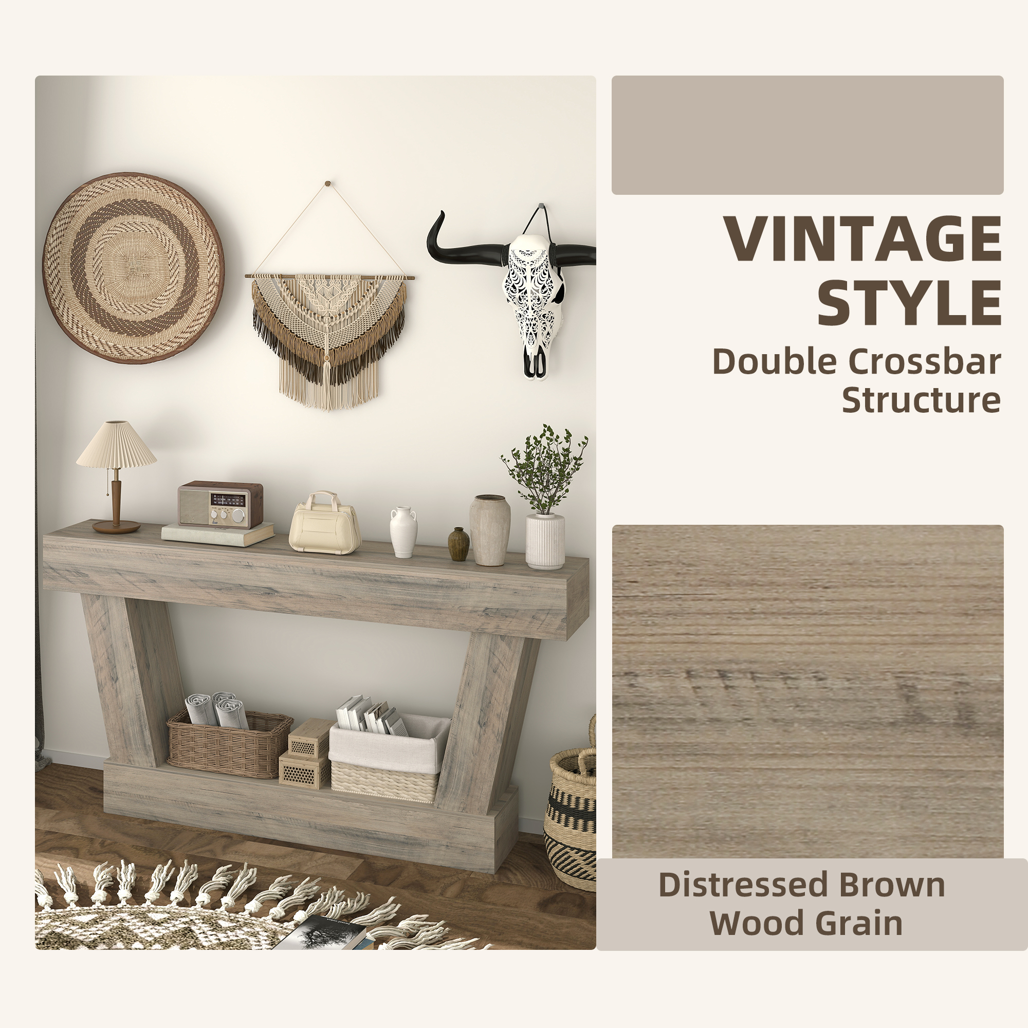 63 Inch Vintage Console Table, Narrow Entryway Table with Open Shelf for Living Room, Light Brown - Image 2