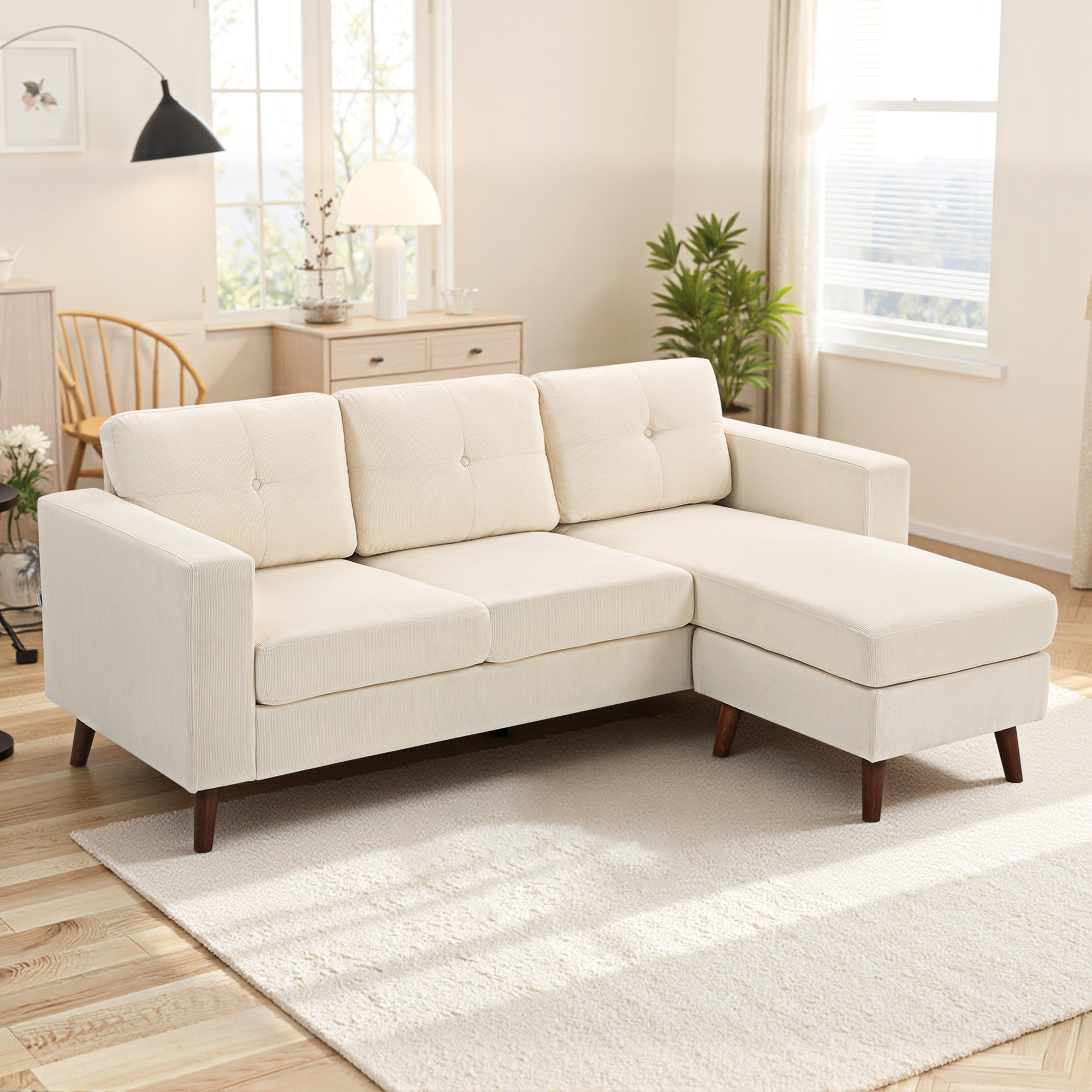 Sectional Sofa with Changeable Chaise Lounge, 3 Seat L-Shaped Sofa, Upholstered Couch for Small Space, Cream White - Image 6