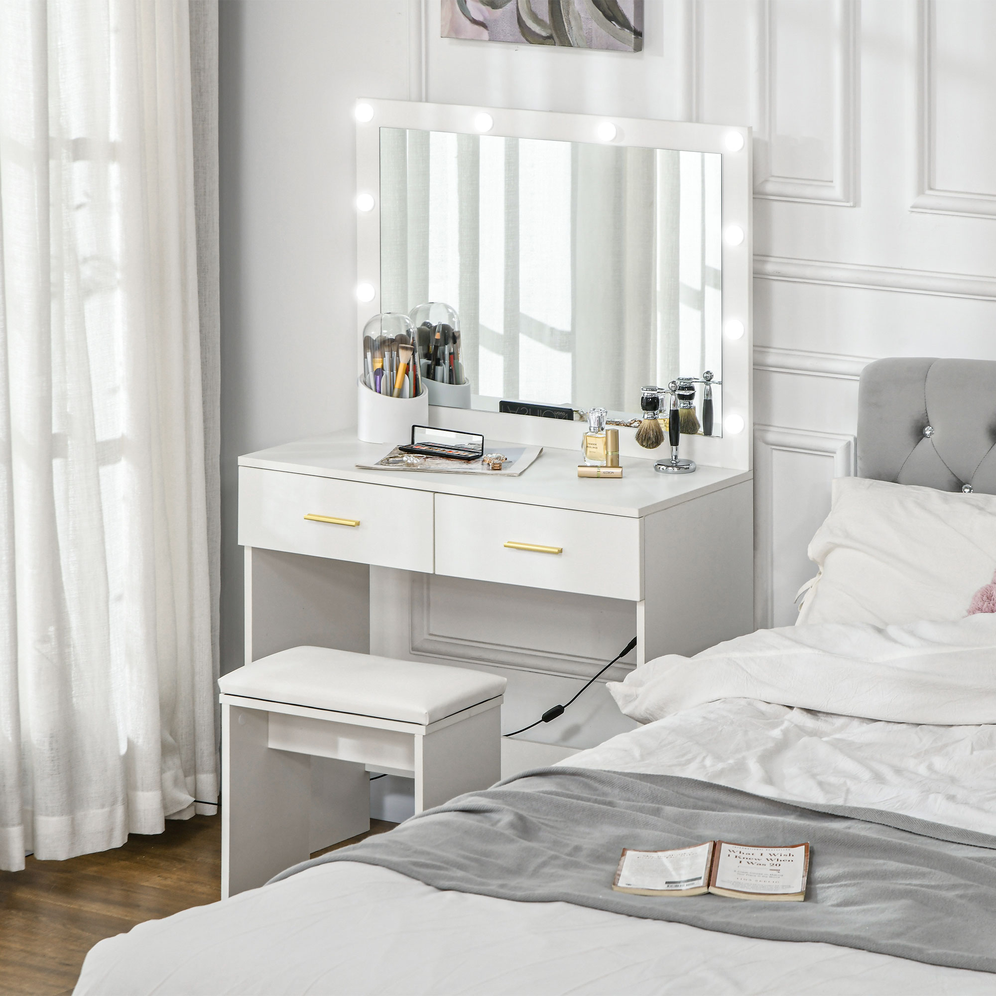 Makeup Vanity Desk Set with Stool, Dressing Table with LED Lighting Mirror, Drawers, for Bedroom, White - Image 6