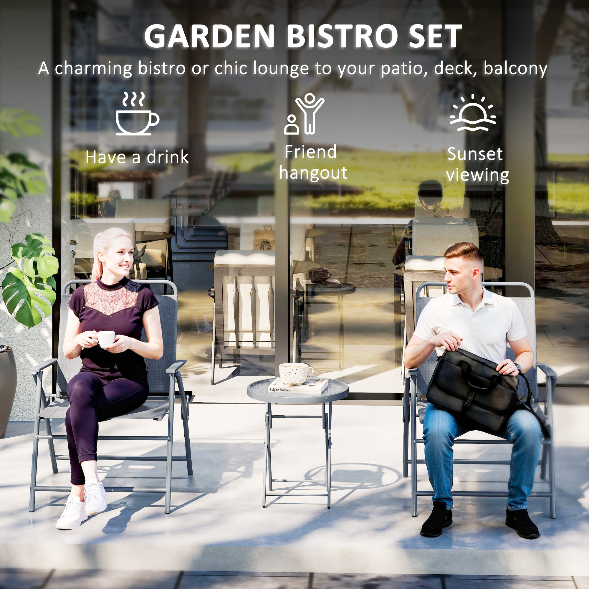 3 Pieces Outdoor Bistro Set, Folding Patio Table and Chairs with Tempered Glass Tabletop for Garden, Deck & Backyard - Image 2