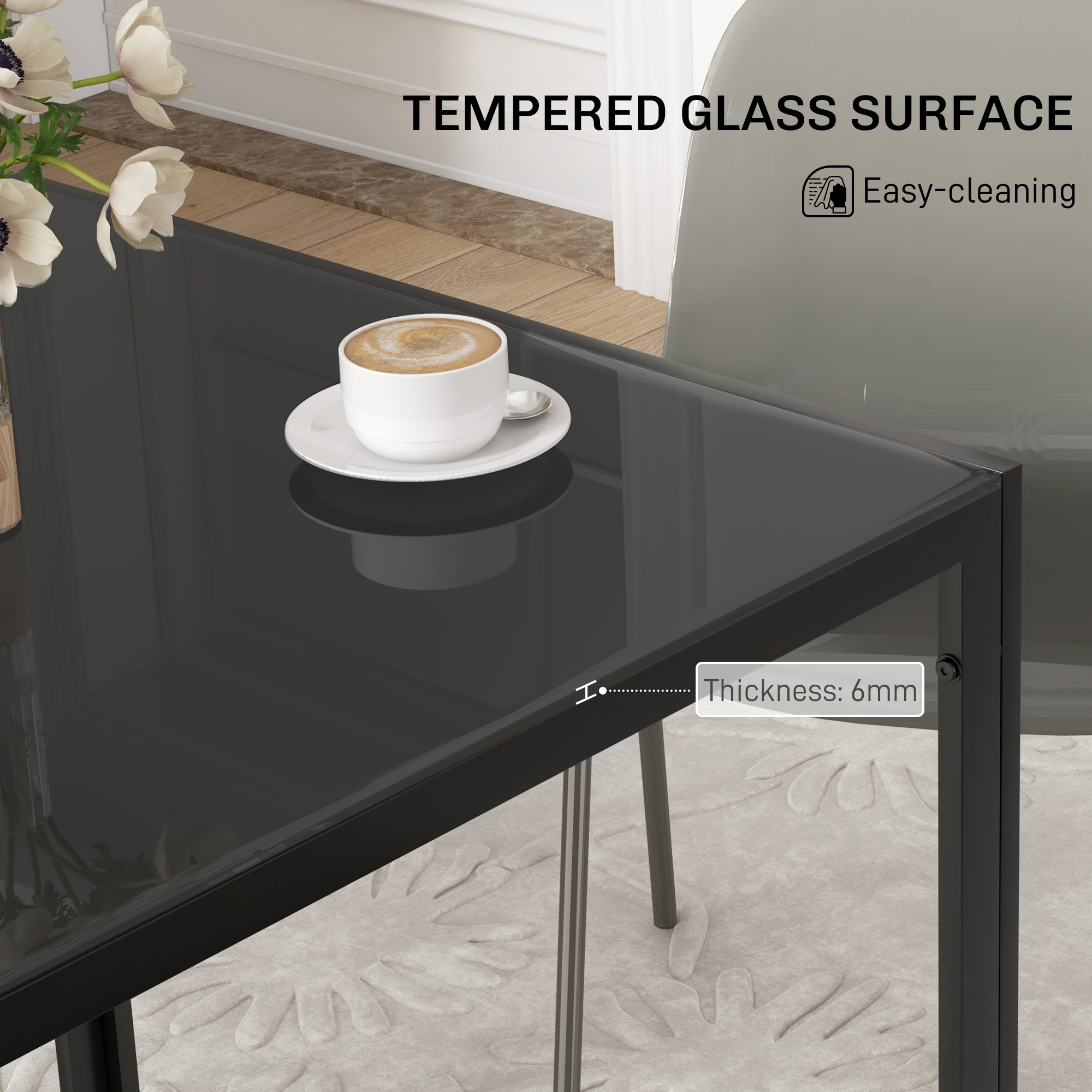Square Kitchen Table for 2-4 People, Dining Table with Glass Top and Steel Legs for Dining Room, Black - Image 2