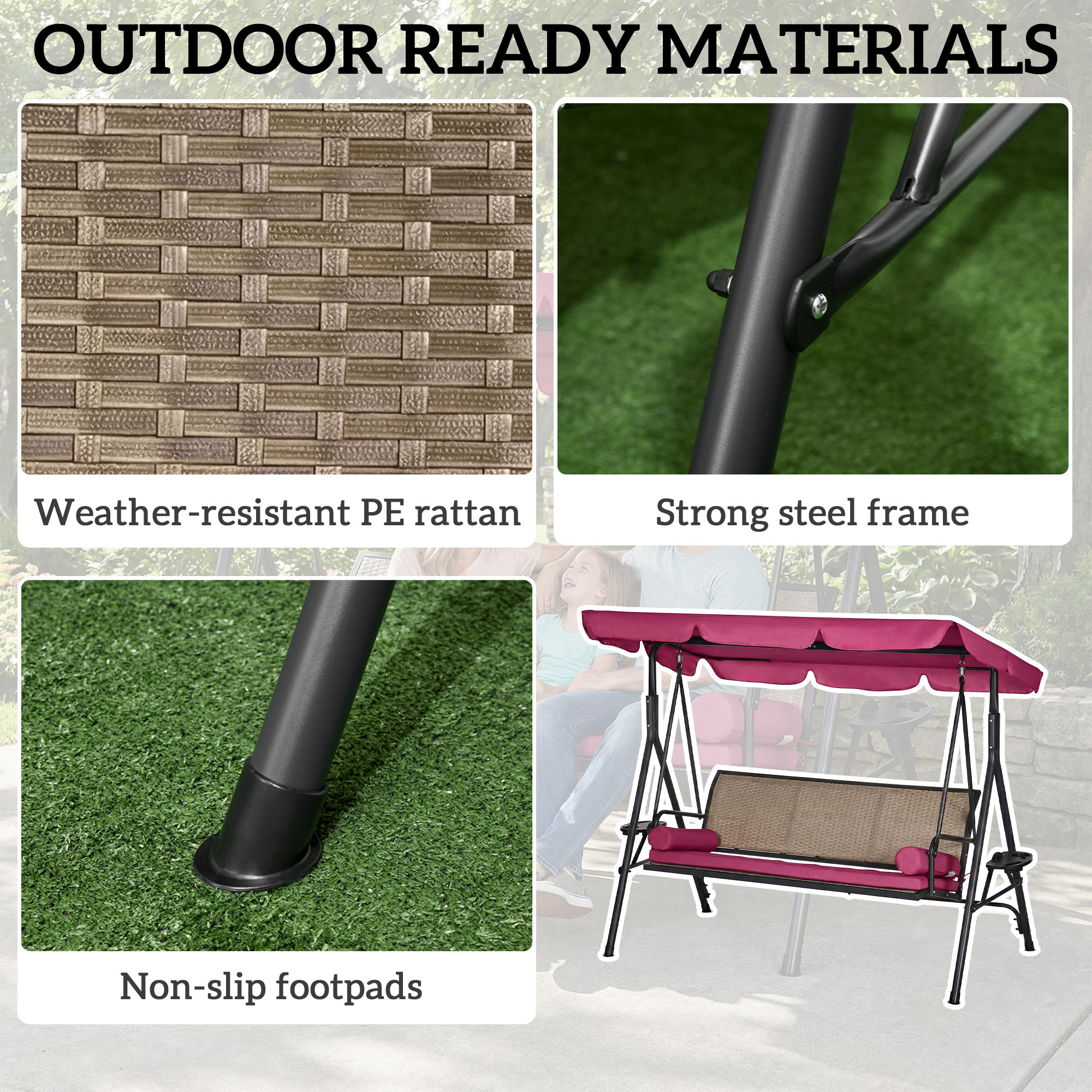 Outdoor 3-Seat Porch Swing with Canopy, Rattan Seat, Removable Cushion, Pillows and Steel Frame - Image 4