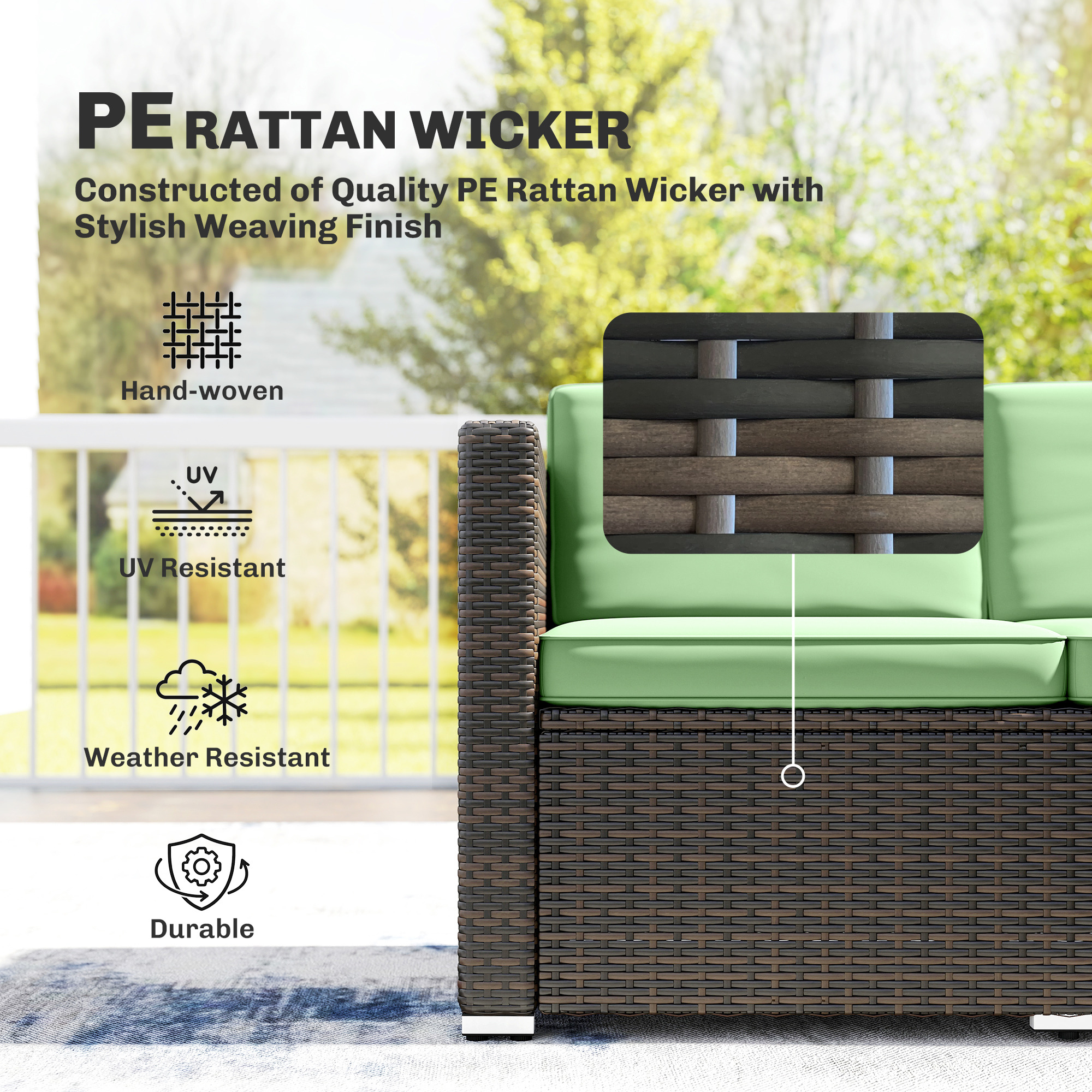 3 Pieces Patio Furniture Set with Cushions, Outdoor PE Rattan Wicker Conversation Corner Sofa Set, Light Green - Image 2
