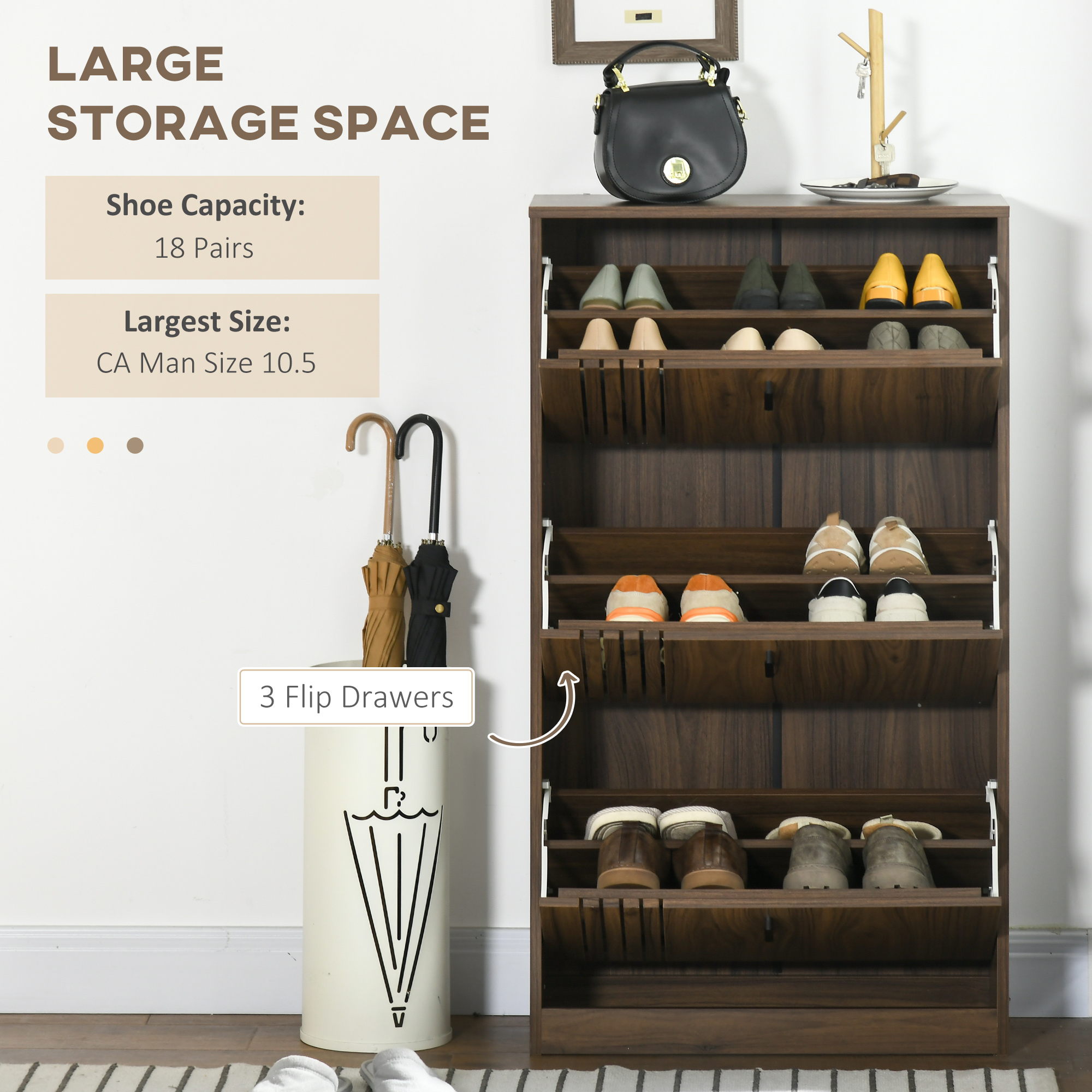 Shoe Storage Cabinet Organizer for 18 Pairs of Shoes with 3 Flip Drawers and Adjustable Shelves, Walnut - Image 2