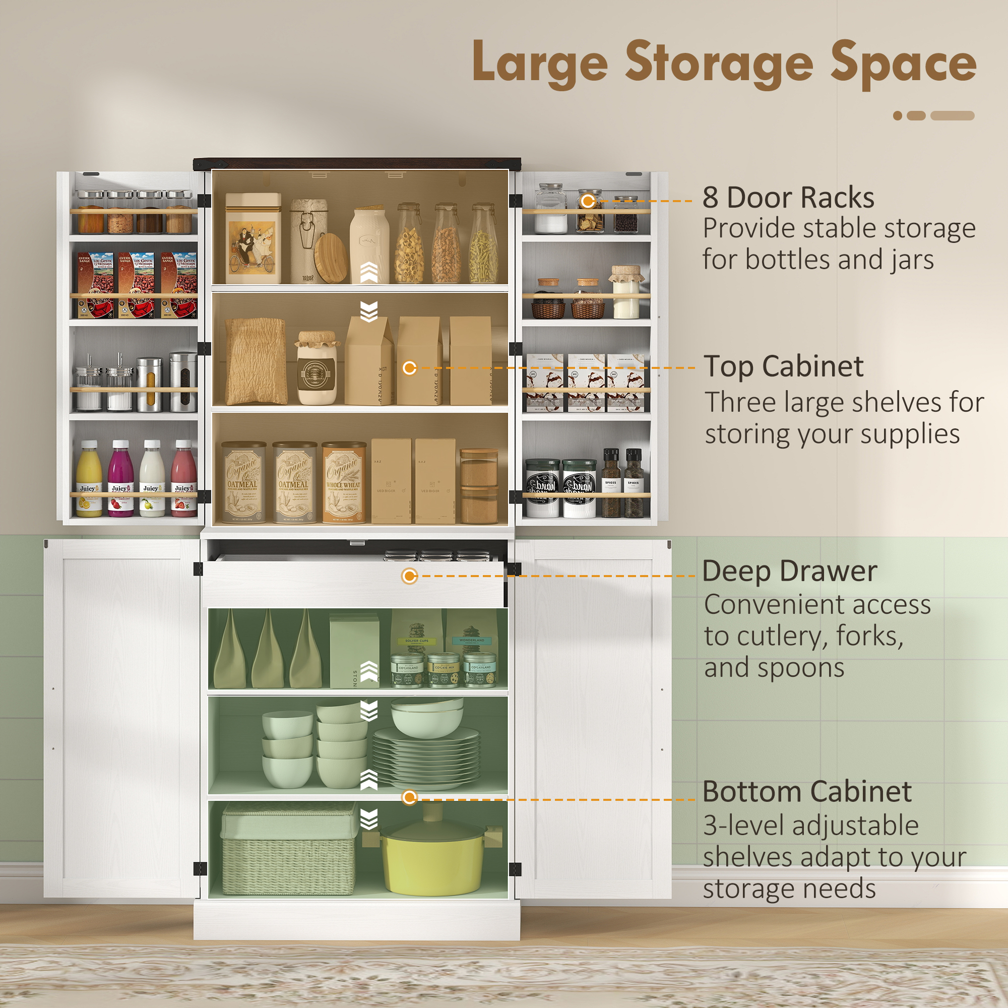 72" Tall Kitchen Pantry Cabinet, Farmhouse Storage Cabinet with 8 Door Racks and Adjustable Shelves, White - Image 2