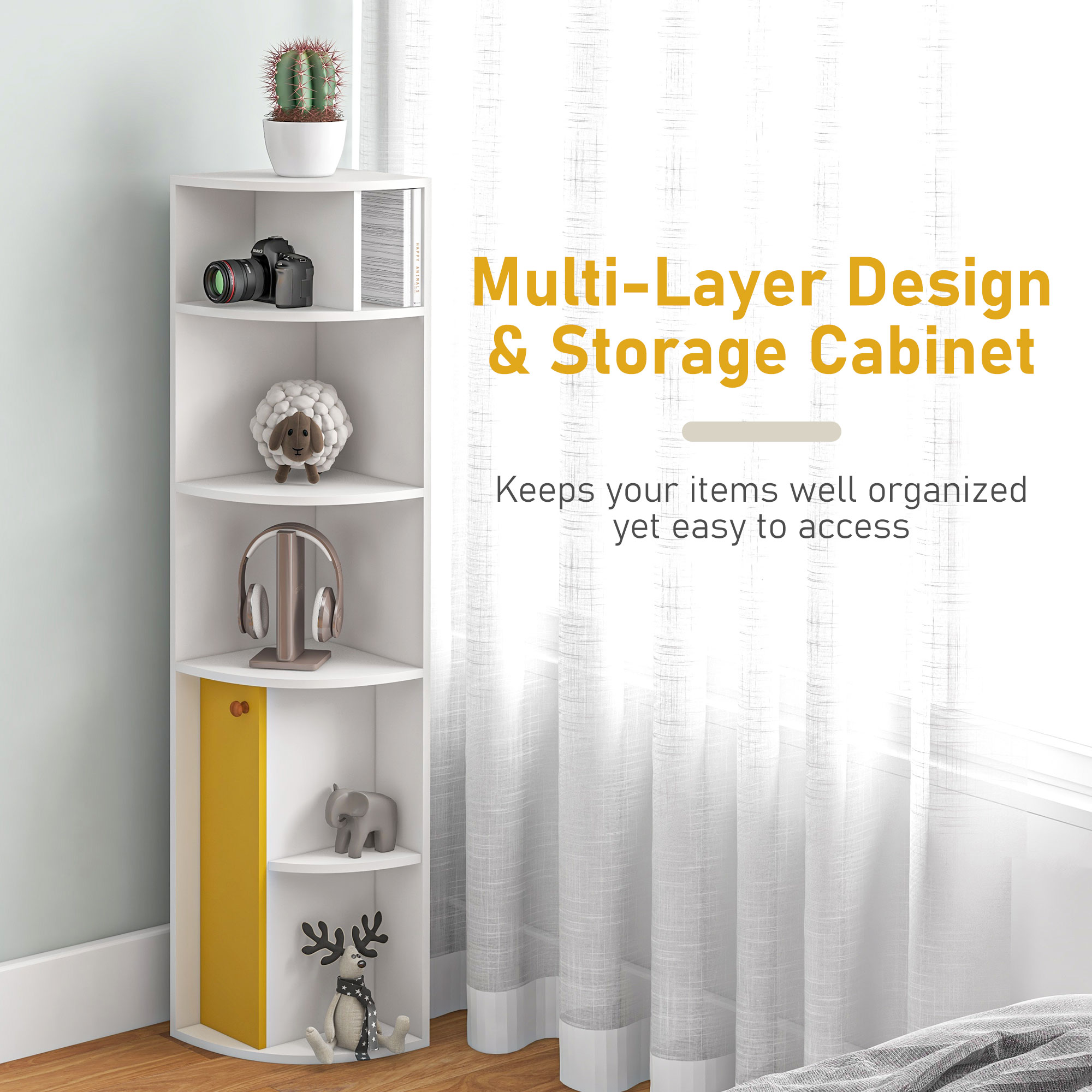 5-Tier Corner Bookcase, Storage Bookshelf, Freestanding Display Shelves with Open Compartments and Cabinet for Home Office, Living Room, Study, White - Image 2
