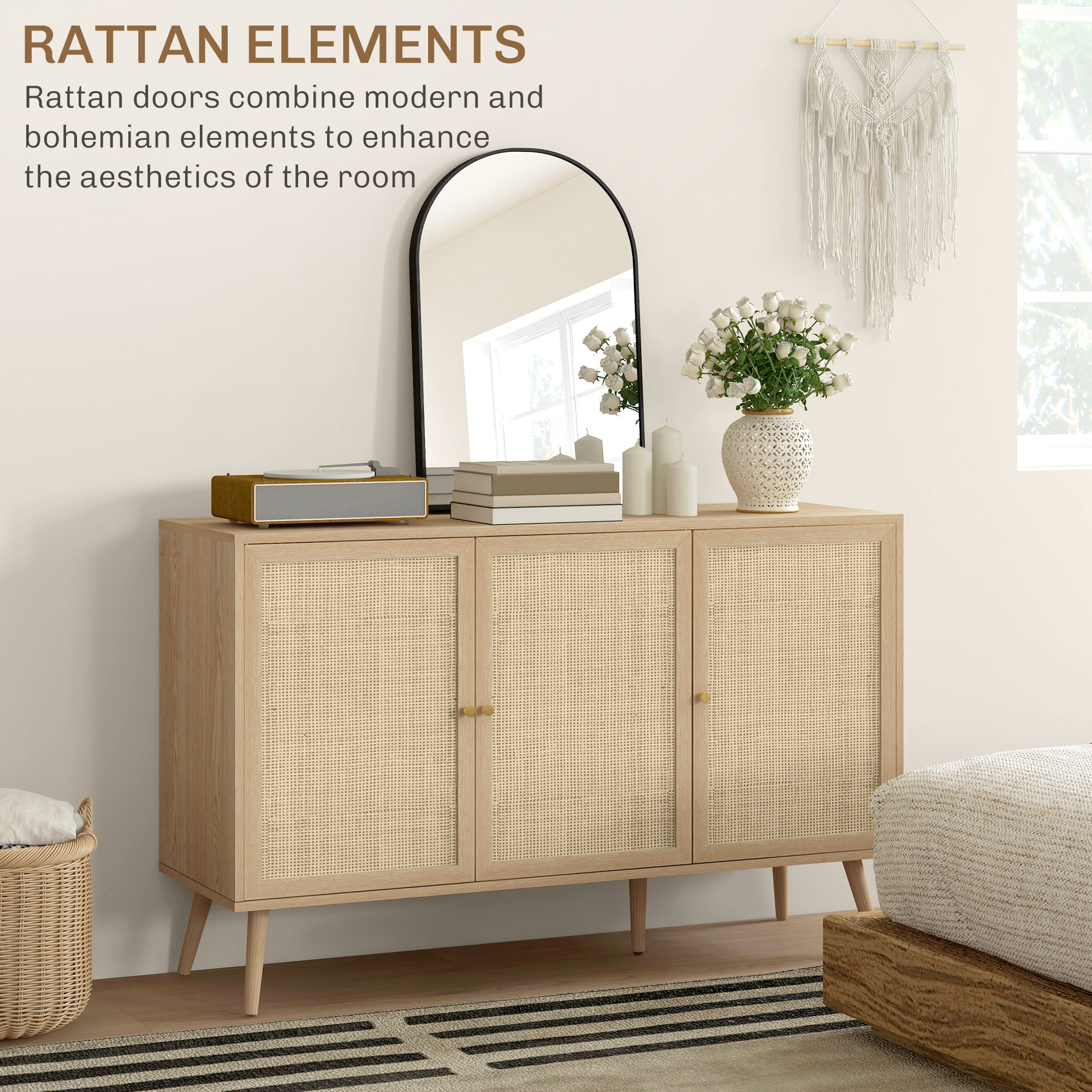 Kitchen Sideboard Cabinet, Boho Storage Cabinet with Shelves, Wood Legs, Decorative Rattan Doors, Natural - Image 2