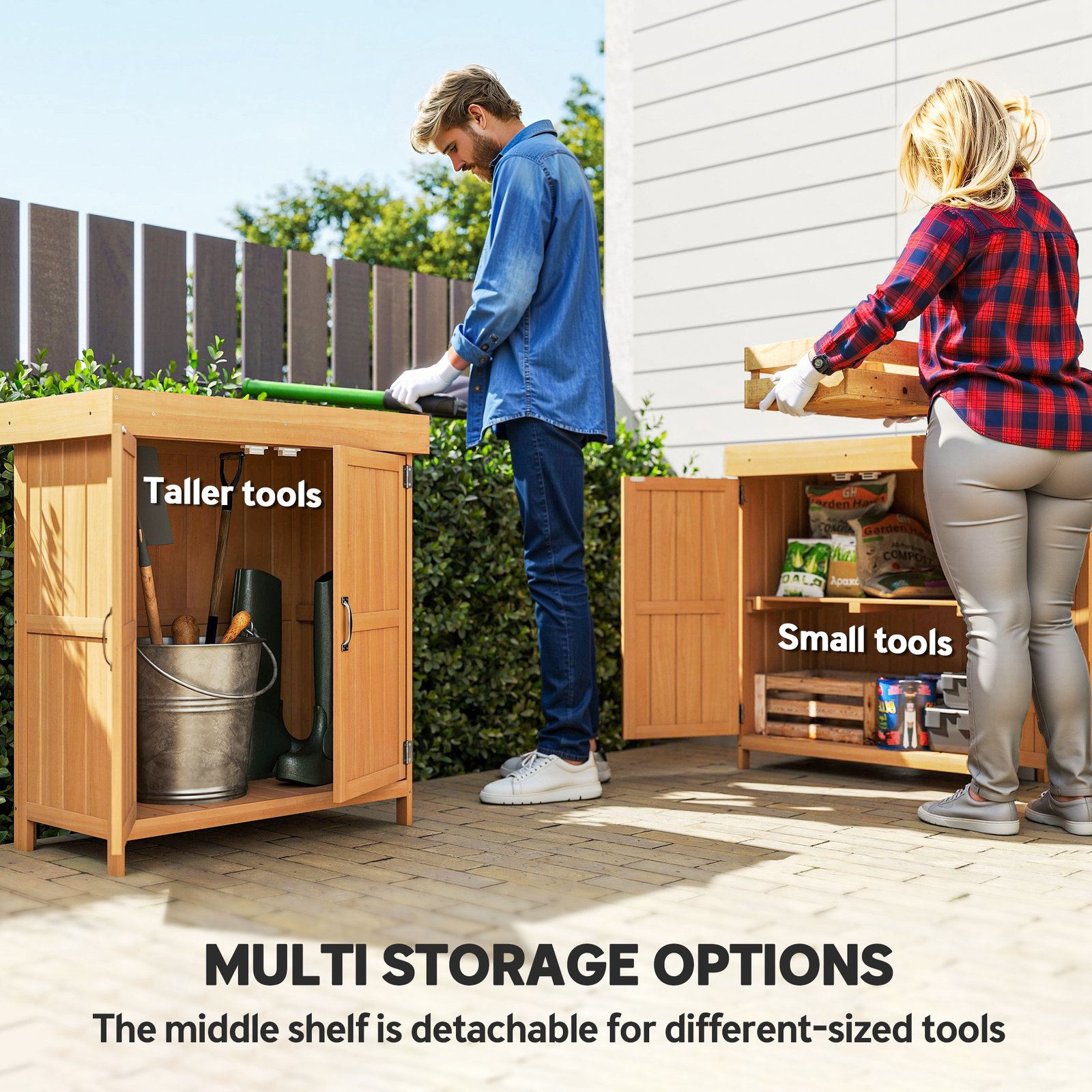 Wooden Garden Tool Storage Shed Kit with Hinged Roof, 2-Tier Shelves and Double Doors, 74x43x88cm, Natural Wood - Image 3