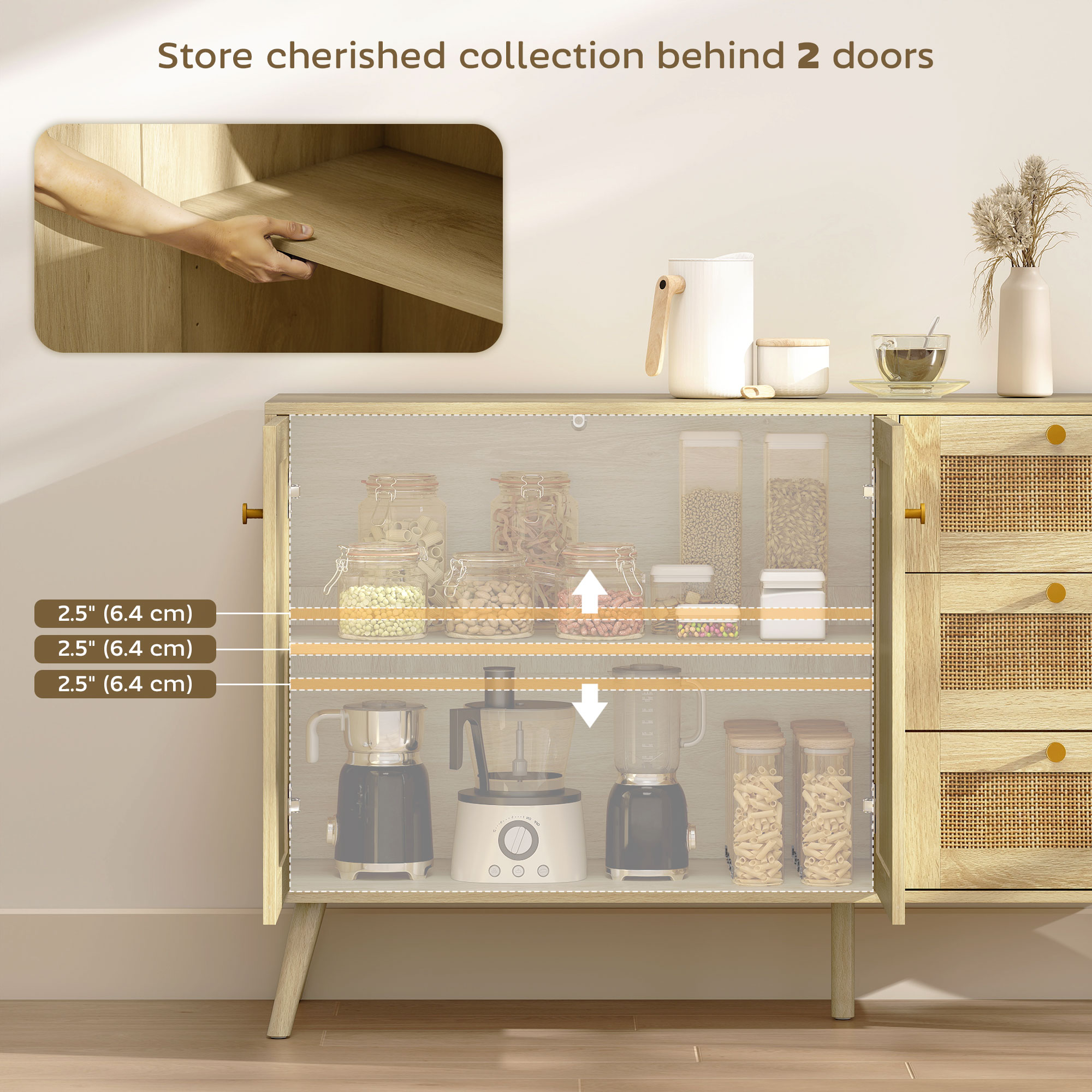 47" Buffet Cabinet with Soft-Close Doors, Rattan Sideboard with Drawers, Adjustable Shelf and Wooden Legs, Natural - Image 2