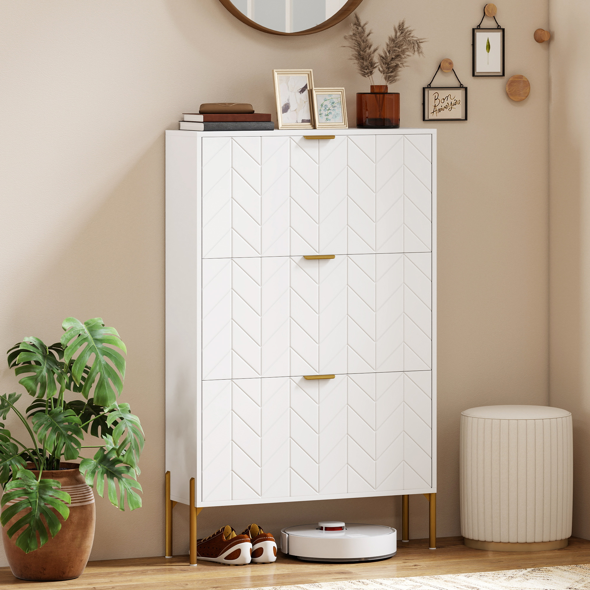 Shoe Cabinet with 3 Flip Drawers, Modern Narrow Shoe Storage Cabinet with Adjustable Shelves, White - Image 6