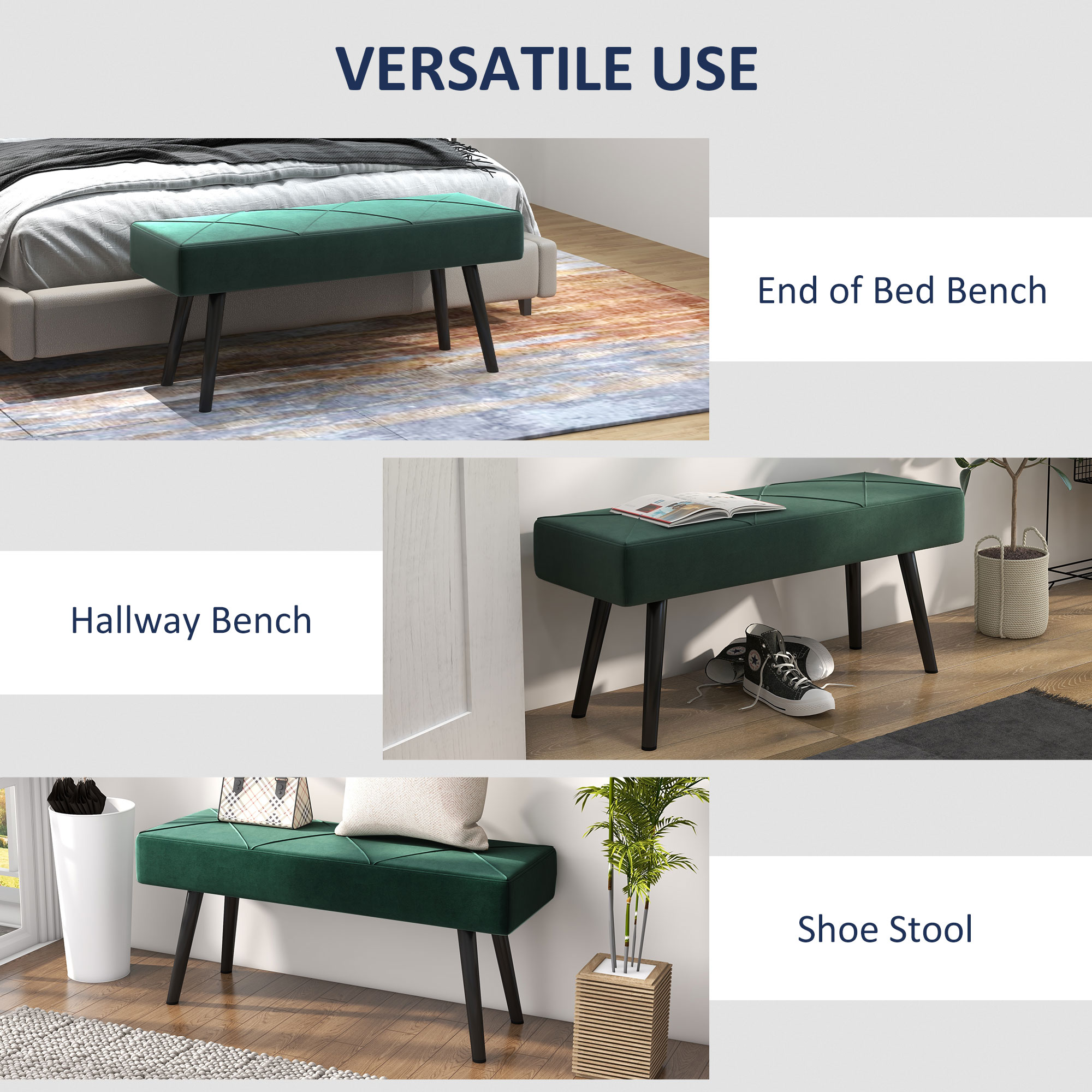 39 Inches Upholstered Bedroom Bench, Modern End of Bed Bench with Steel Legs, Green - Image 4