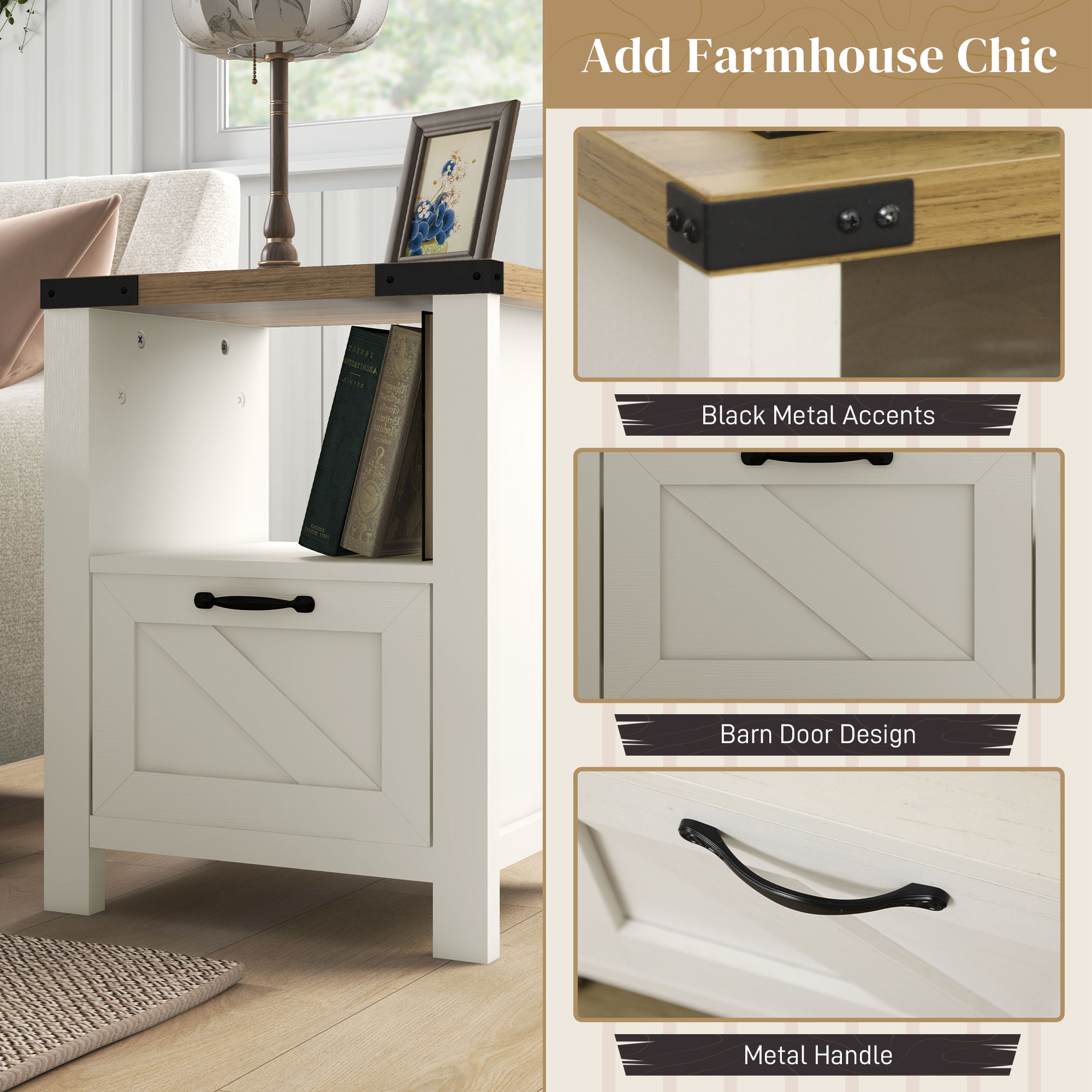 Side Table with Storage, Farmhouse End Table with Drawer, Open Shelf and Barn-style Panel, Nightstand for Living Room, Bedroom, White - Image 3