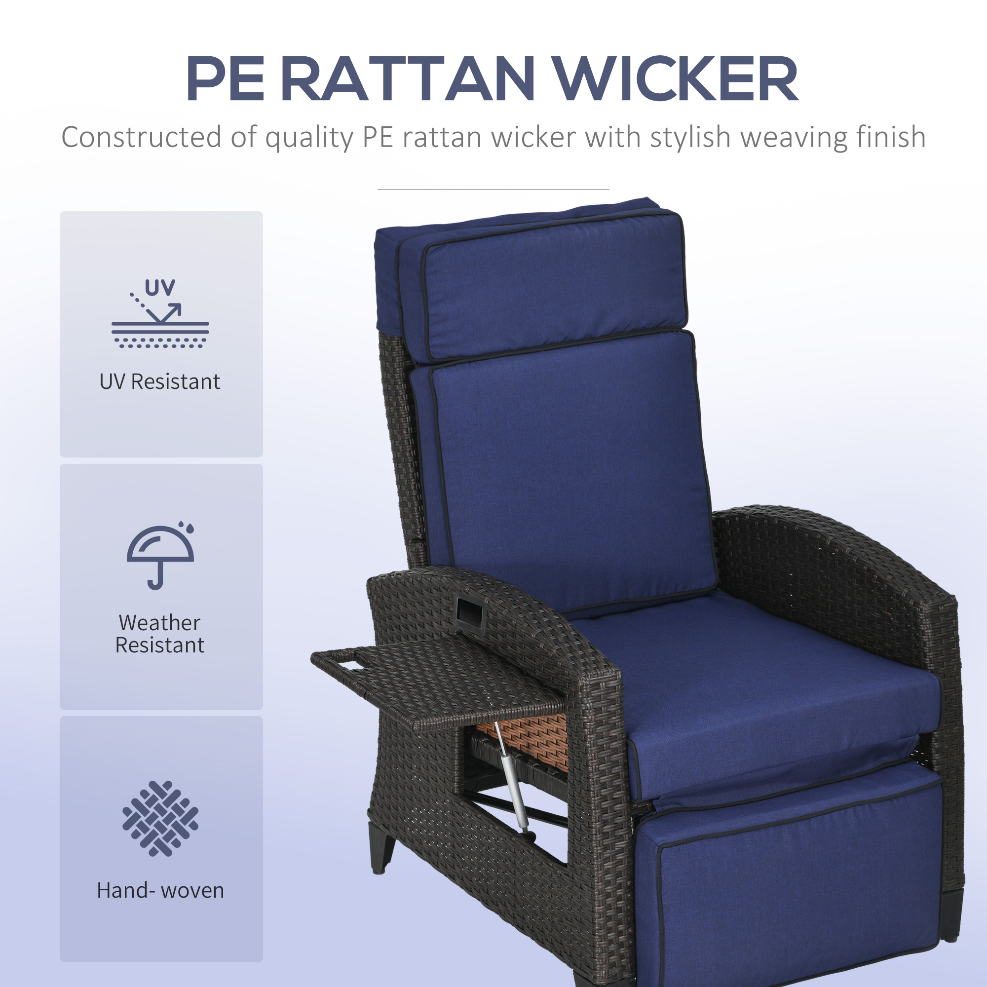 Outdoor Recliner Chair with Adjustable Backrest, Cushion, Side Tray, Blue - Image 3