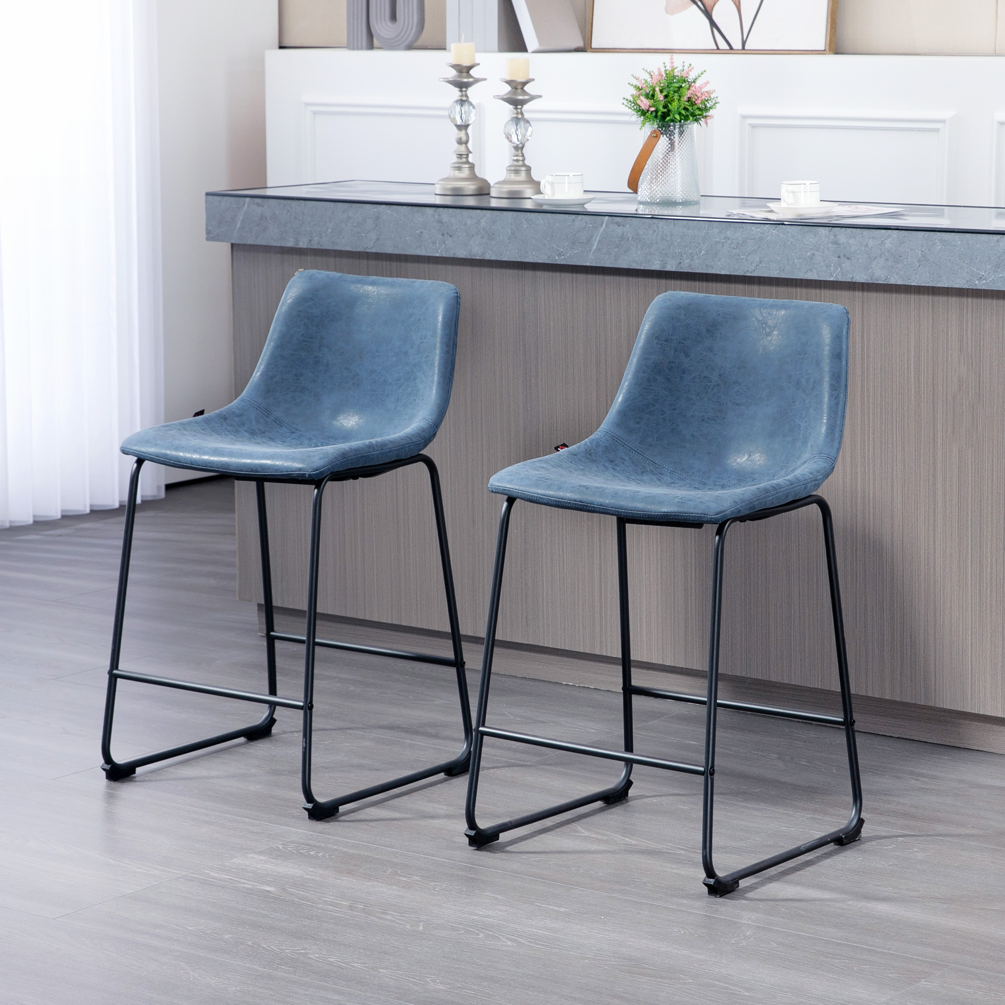 Counter Height Bar Stools Set of 2, Vintage PU Leather Bar Chairs, Kitchen Stools w/ Footrest for Home Bar, Blue - Image 6