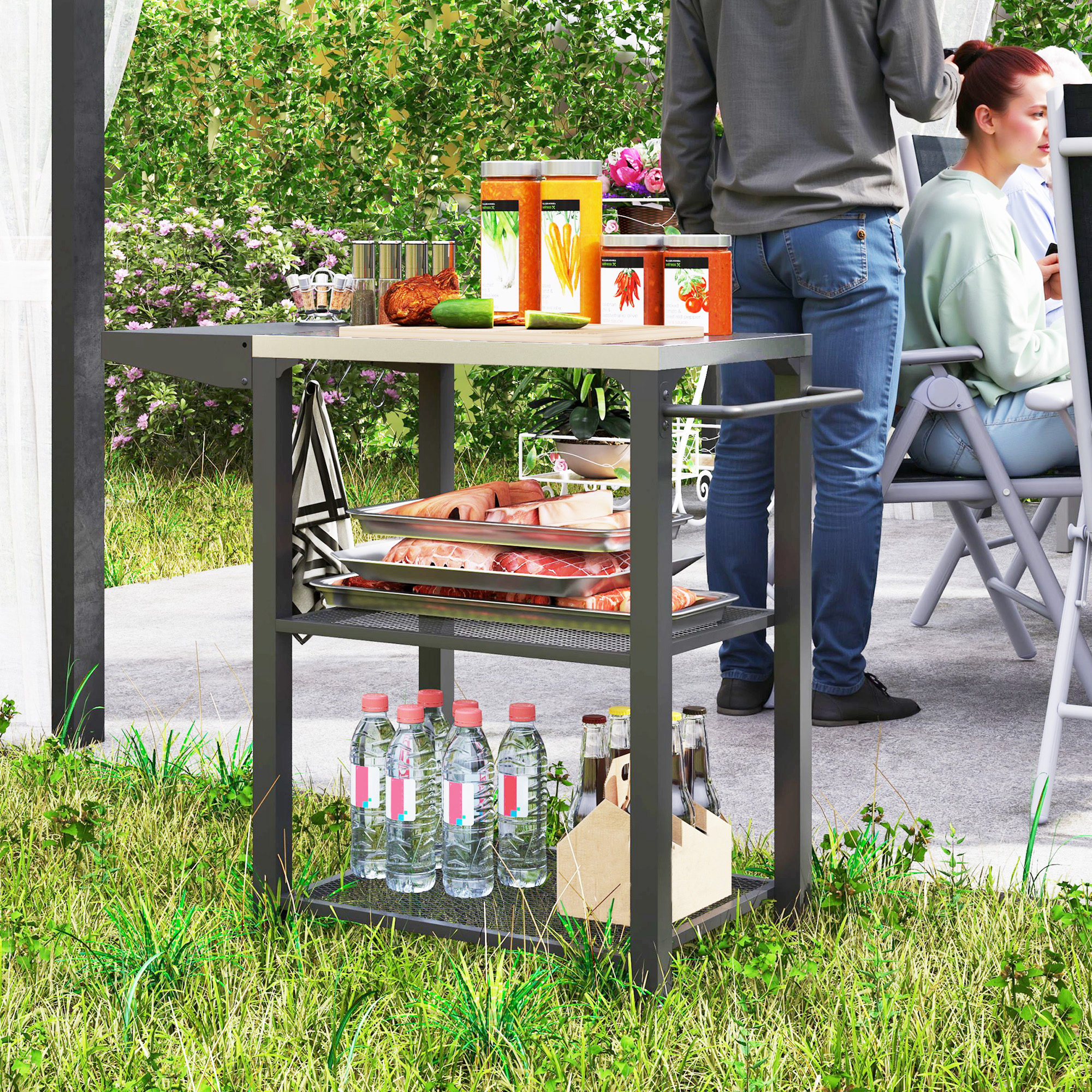 Outdoor Grill Cart w/ Foldable Side Table, 3-Tier Pizza Oven Stand w/ Stainless Steel Tabletop, Hooks, Wheels - Image 6