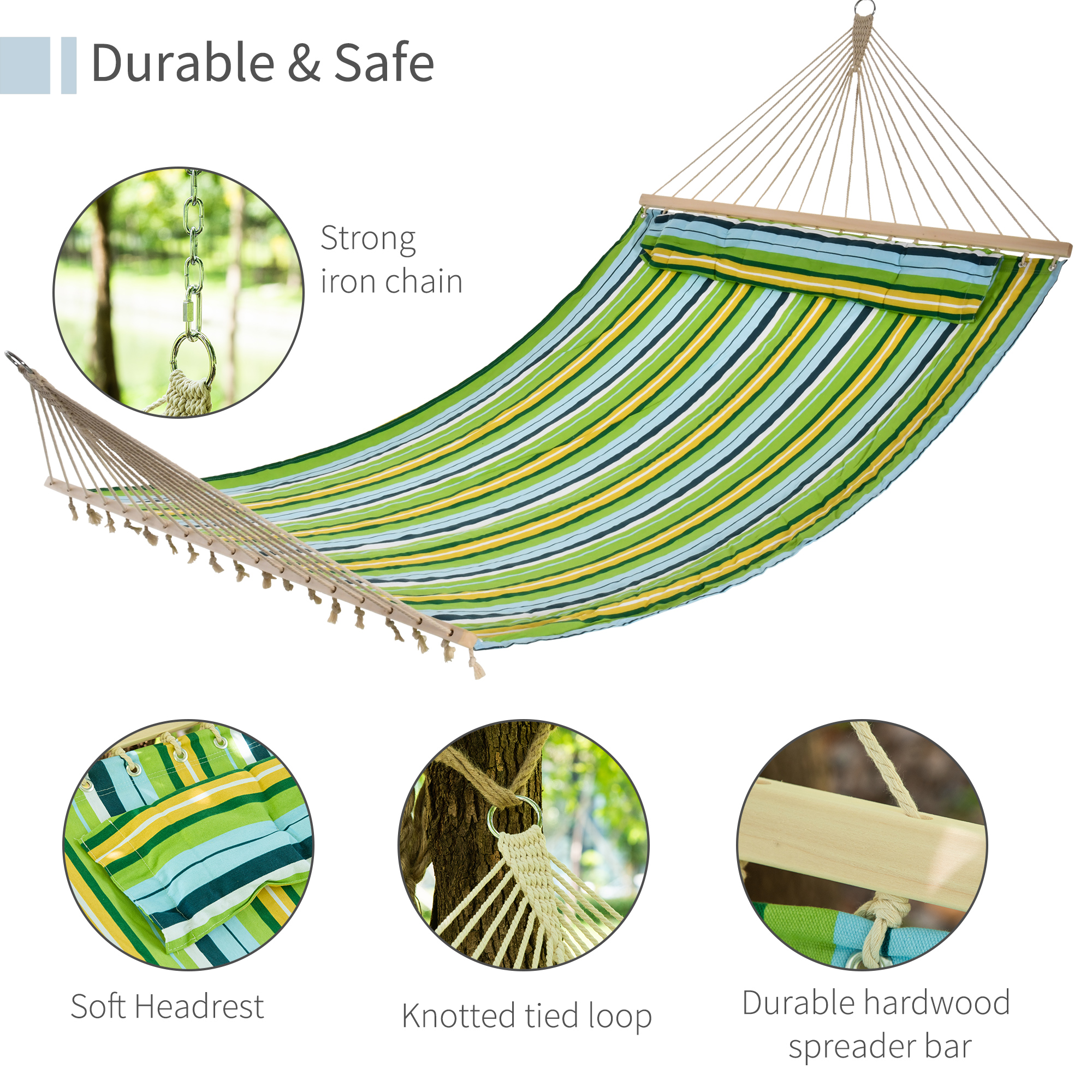 83" Patio Double Hammock, Wide Outdoor Hammock Bed Striped Fits 2 People Sunbed Camping hang Sleep w/ Pillow, White Stripe - Image 4