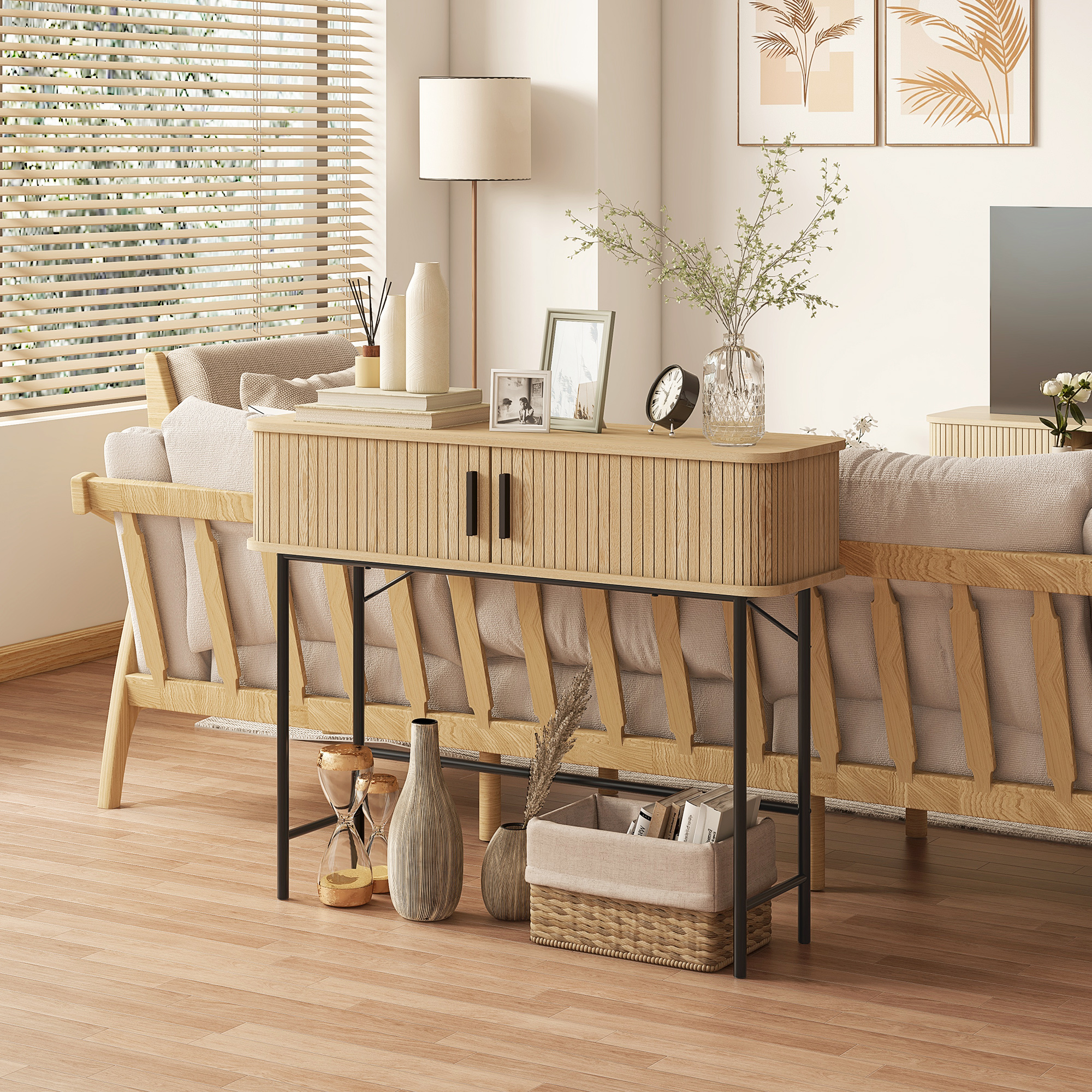 Mid-Century Entryway Table, Narrow Console Table with Storage Compartments for Behind Couch, Living Room, Oak and Black - Image 6