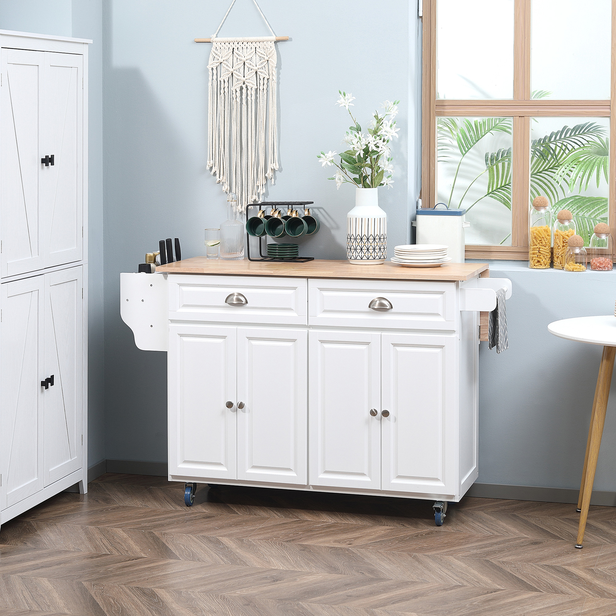Kitchen Island with Storage, Rolling Kitchen Island with Drop Leaf, Rubber Wood Top and Adjustable Shelves, White - Image 5