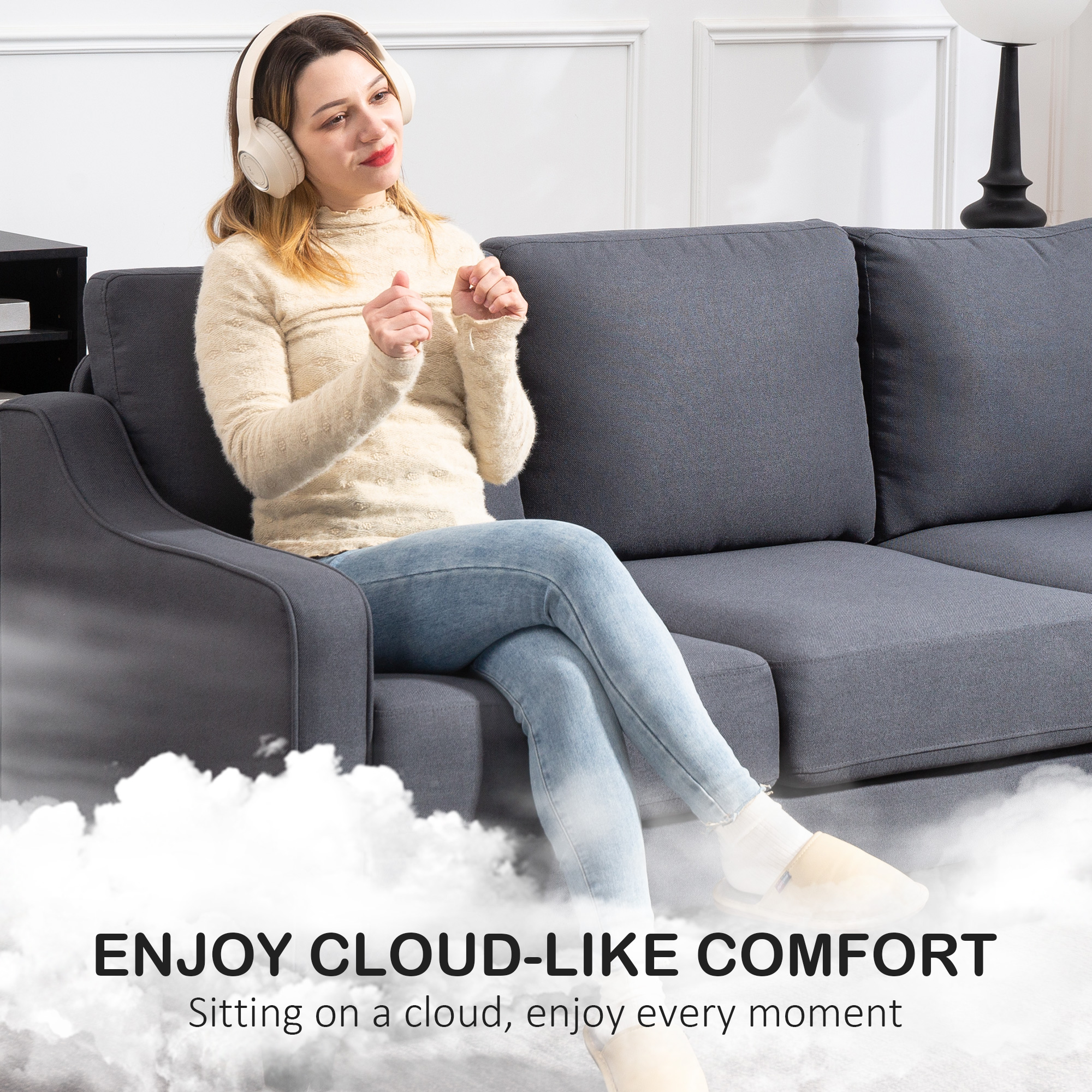 3 Seater Sofa, Modern Couch with Pocket Spring, Linen Upholstered, Thick Padded, Charcoal Grey - Image 2