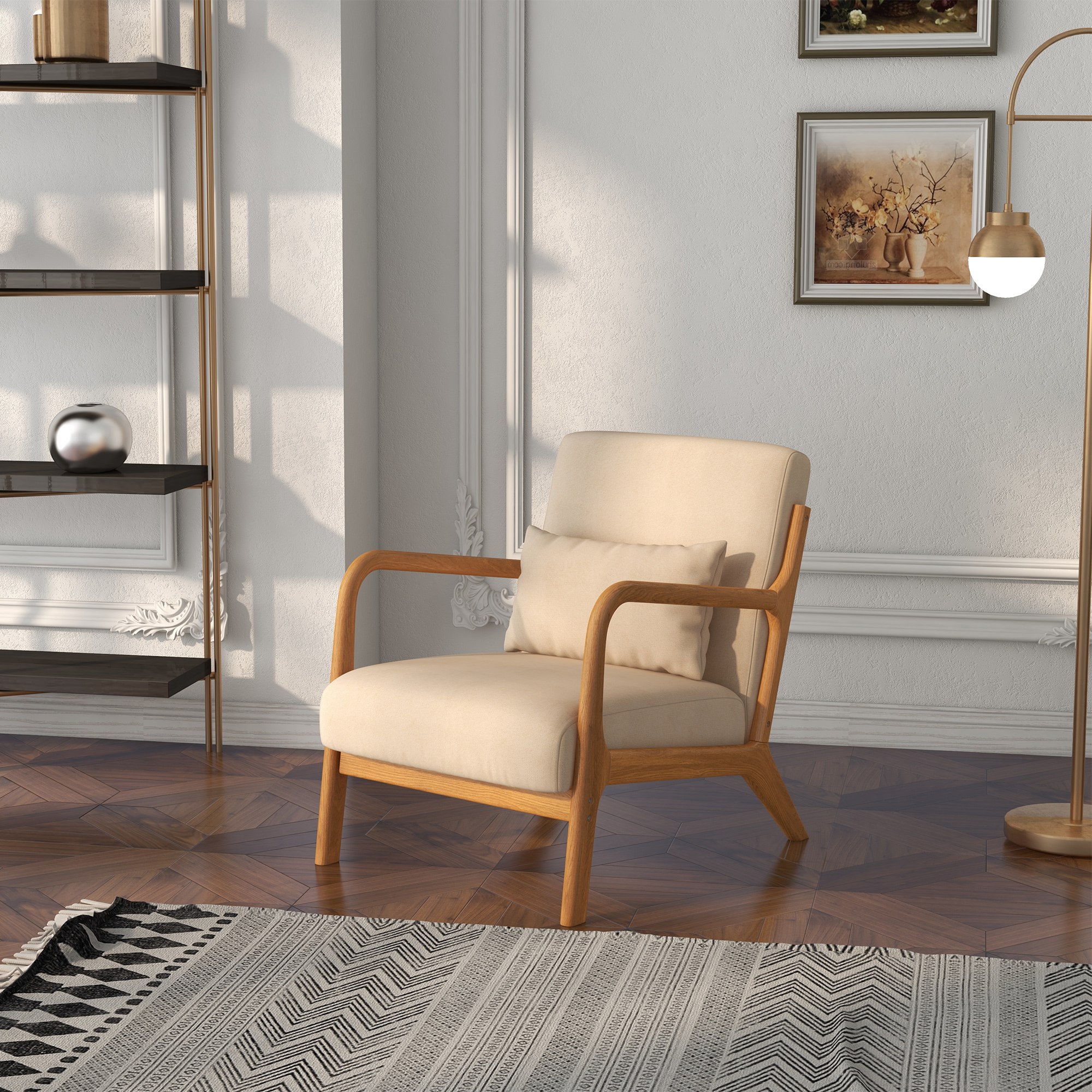 Fabric Lounge Chair, Velvet Armchair, Retro Accent Chair with Wood Legs and Thick Padding for Bedroom, Beige - Image 4