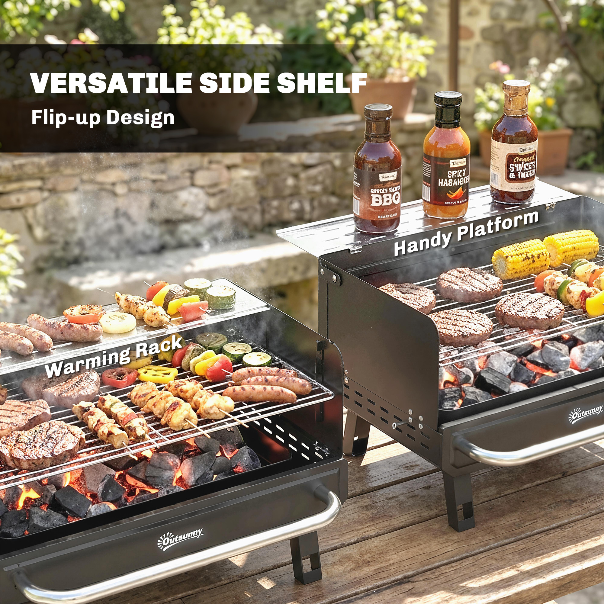 Charcoal BBQ Grill, Portable Barbecue Grill with Adjustable Grates, Foldable Legs, Side Shelf for Camping Travel, Black - Image 5