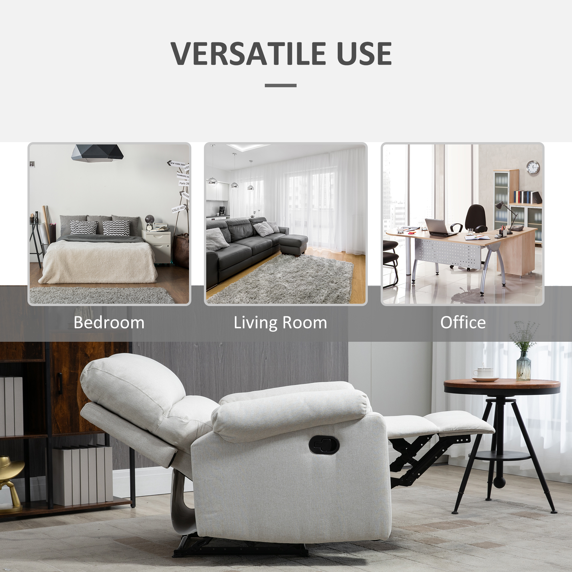 Recliner Chair, Manual Reclining Chair with Footrest, Padded Seat for Living Room, Bedroom, Study, Cream White - Image 5