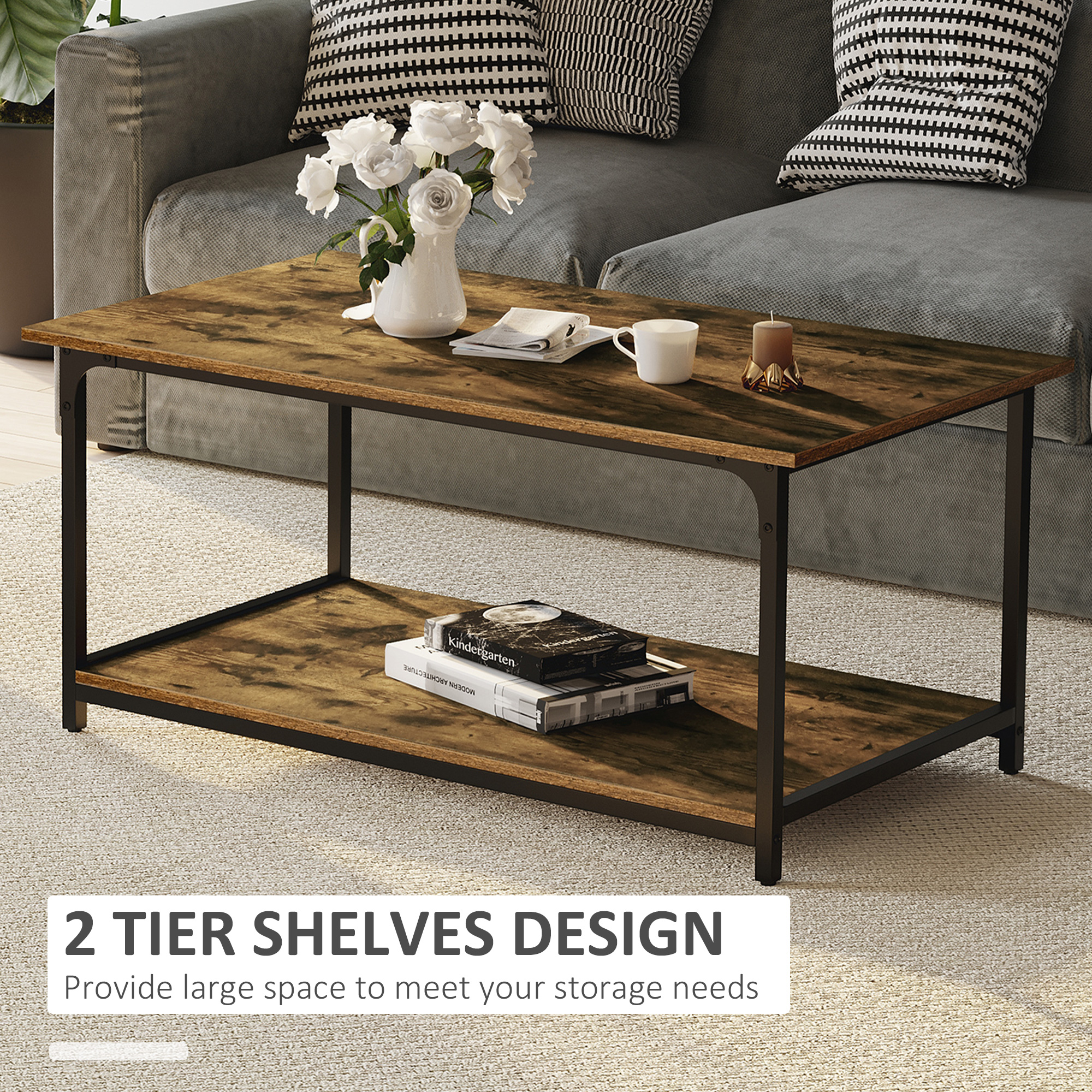 Industrial Coffee Table with Storage Shelf, 2-tier Center Table for Living Room, Rustic Brown - Image 3