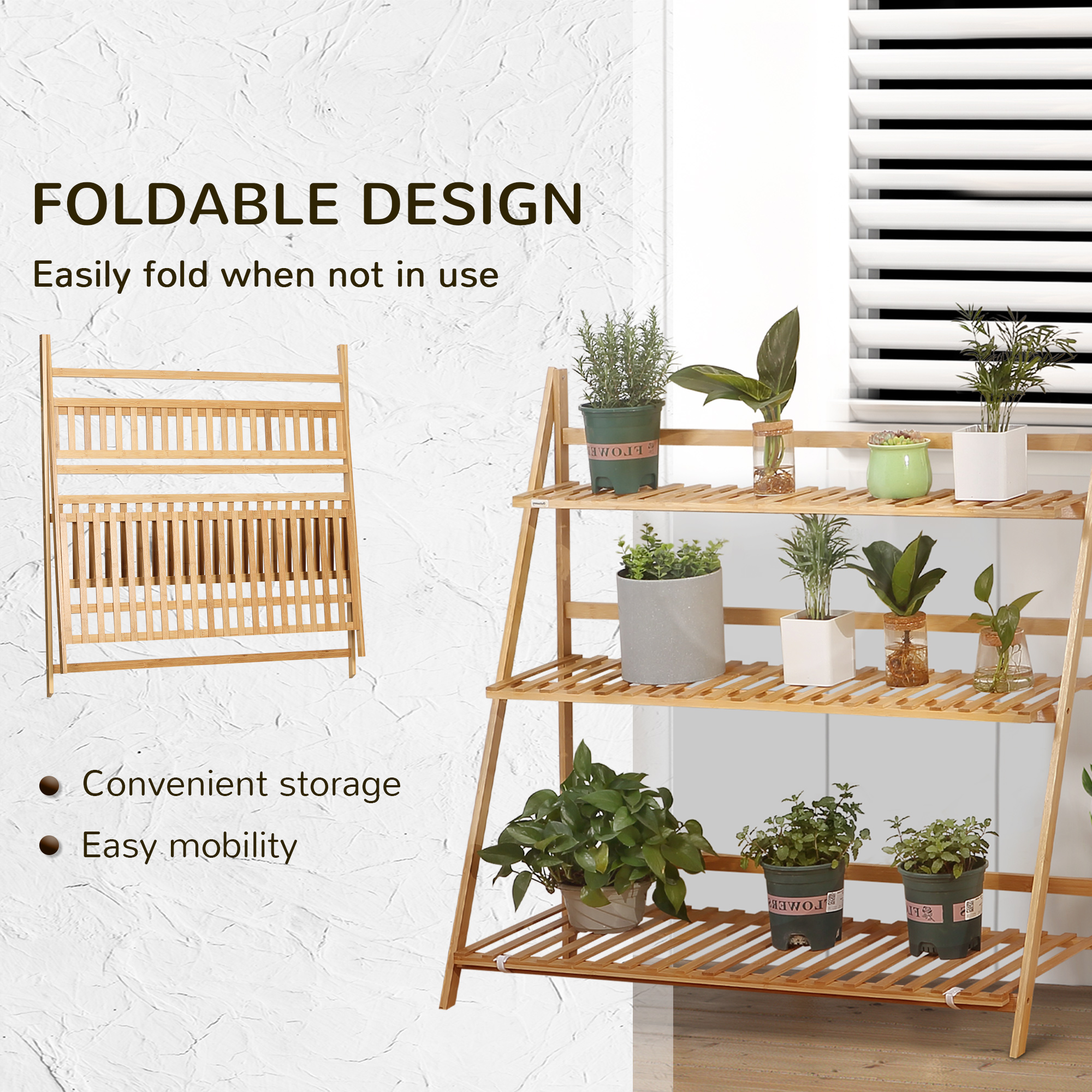 3-Tier Plant Stand, Plant Shelf Rack, Folding Bamboo Display Stand, 98x37x96.5cm, Natural - Image 3