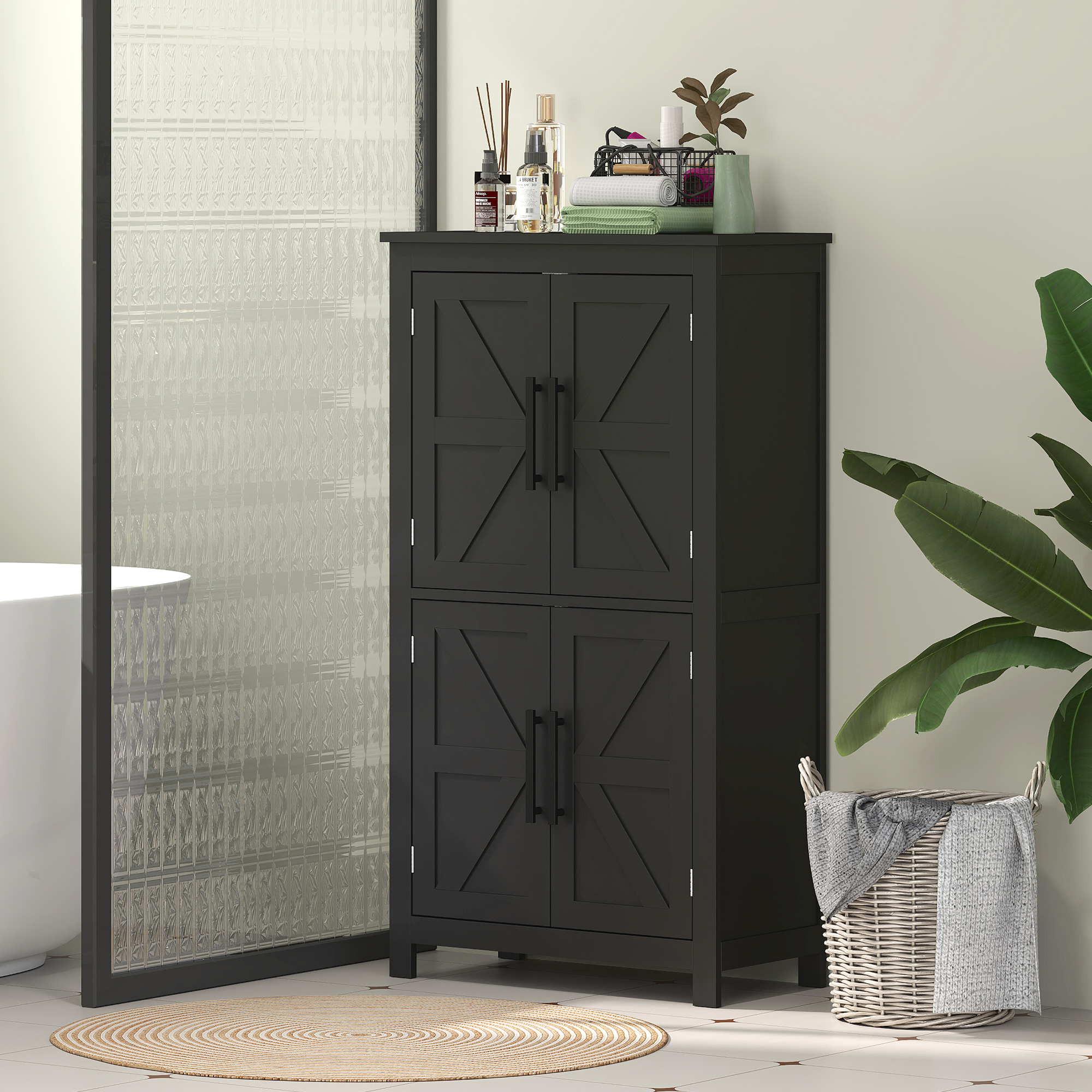 Farmhouse Bathroom Storage Cabinet, Bathroom Floor Cabinet with Barn Doors and Adjustable Shelf, Black - Image 6