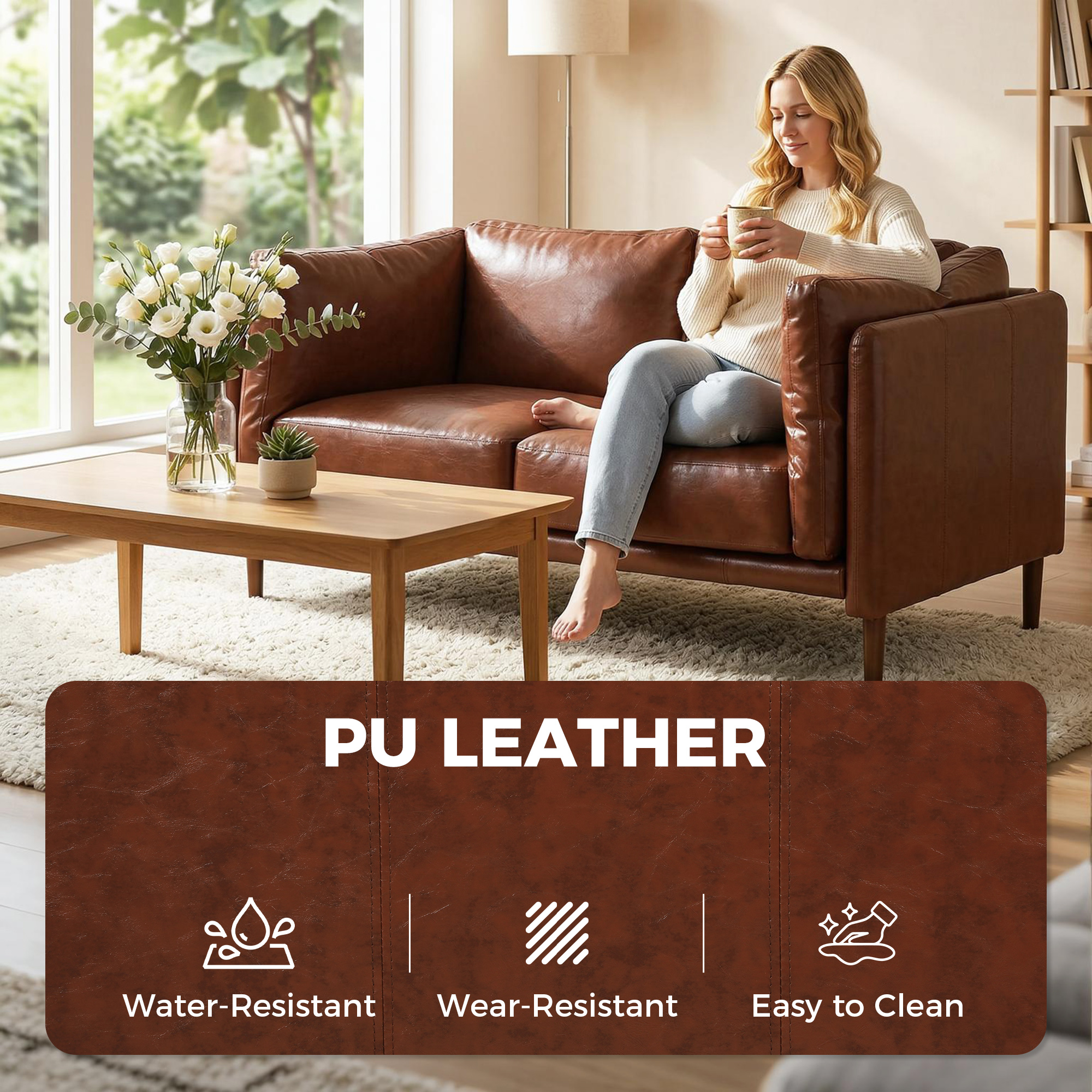 59" Loveseat Sofa, PU Leather 2 Seater Sofa with Wide Seat, High-Density Foam, Thick Cushion, Wood Legs, Brown - Image 3
