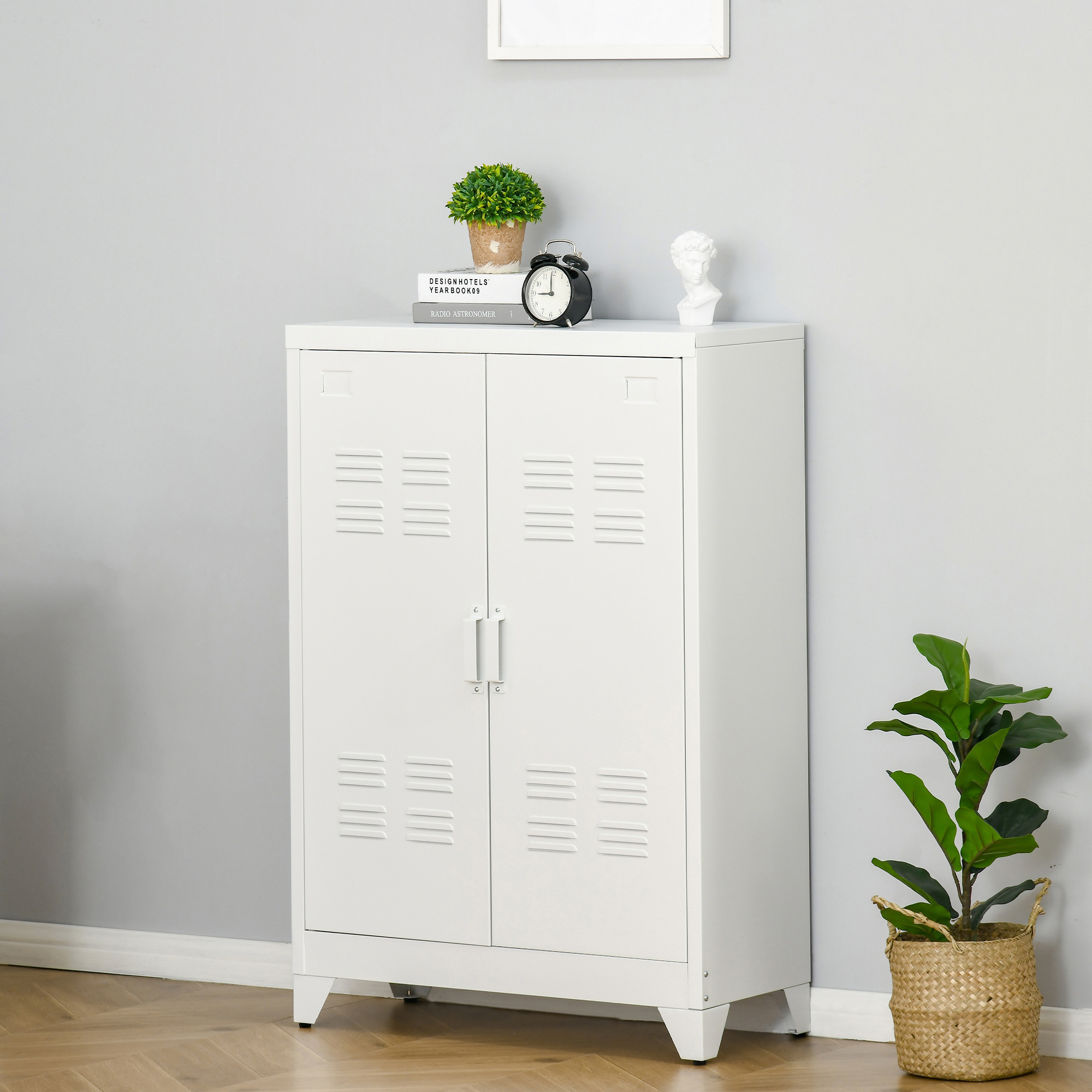 Metal Storage Cabinet, Industrial Sideboard Buffet Cabinet with 2 Louvered Doors, Adjustable Shelves, White - Image 6