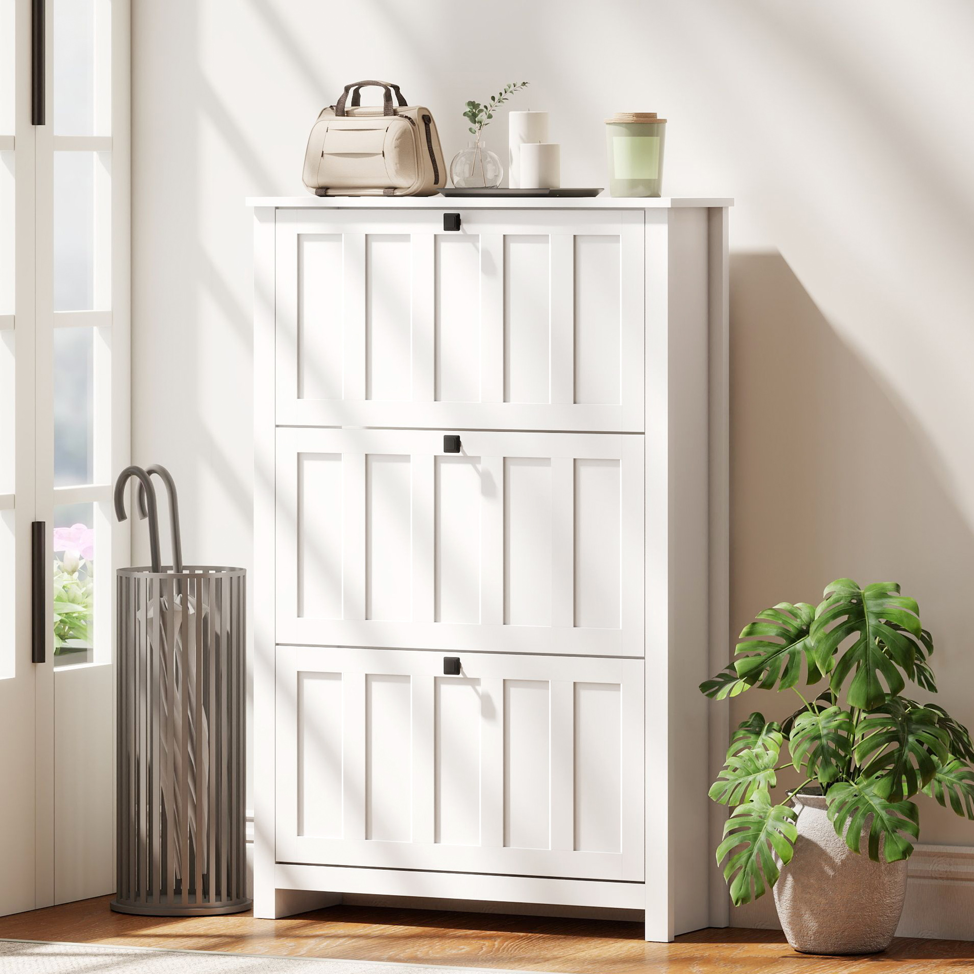 Slim Shoe Cabinet with 3 Flip Drawers, Shoe Storage Cabinet with Adjustable Shelves for Entryway, Holds 18 Pairs, White - Image 6